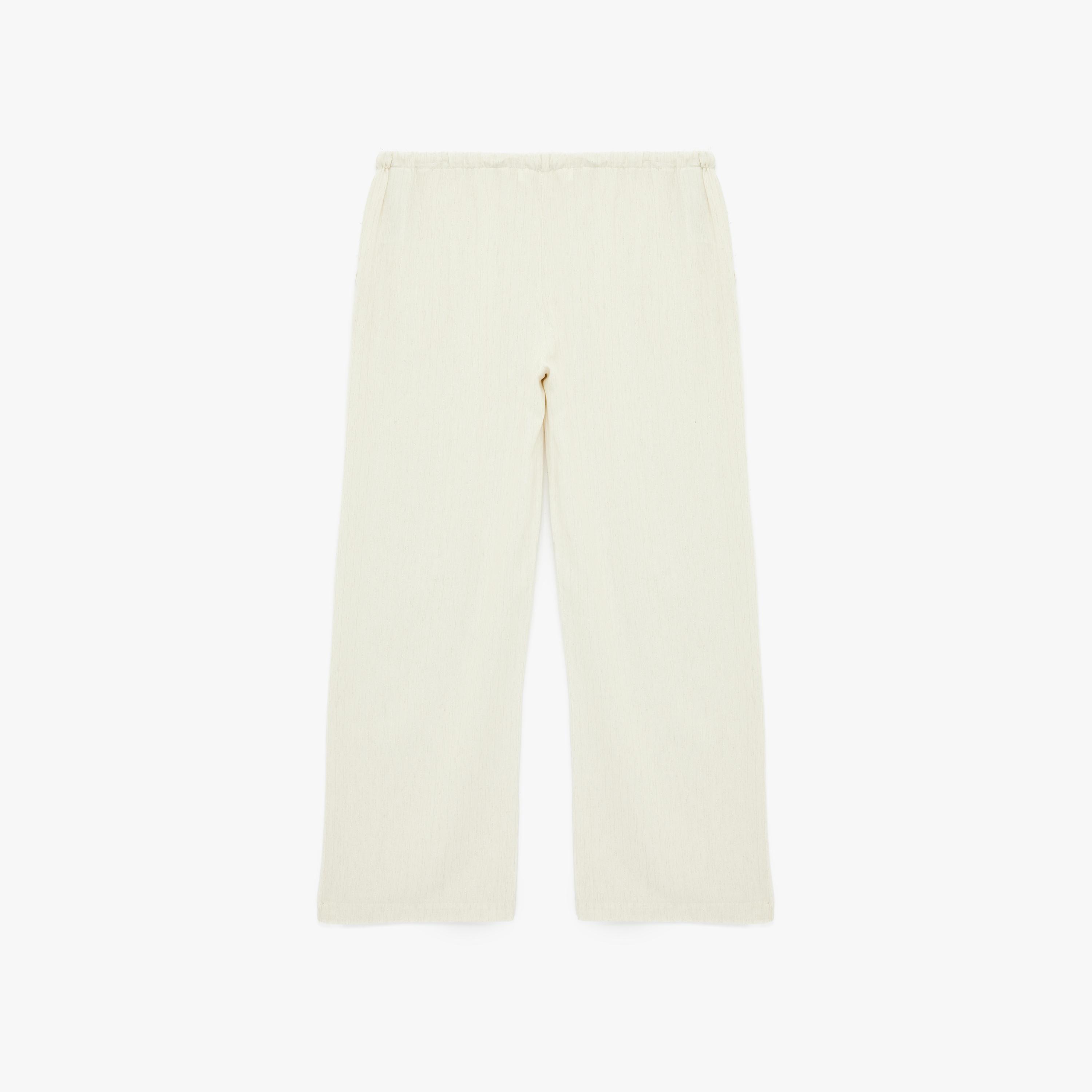 بنطلون نسائي واسع الساق بقماش كتان سادة بخصر برباط بلون كريمي من كوتون-women-clothing-bottoms-trousers-image-5