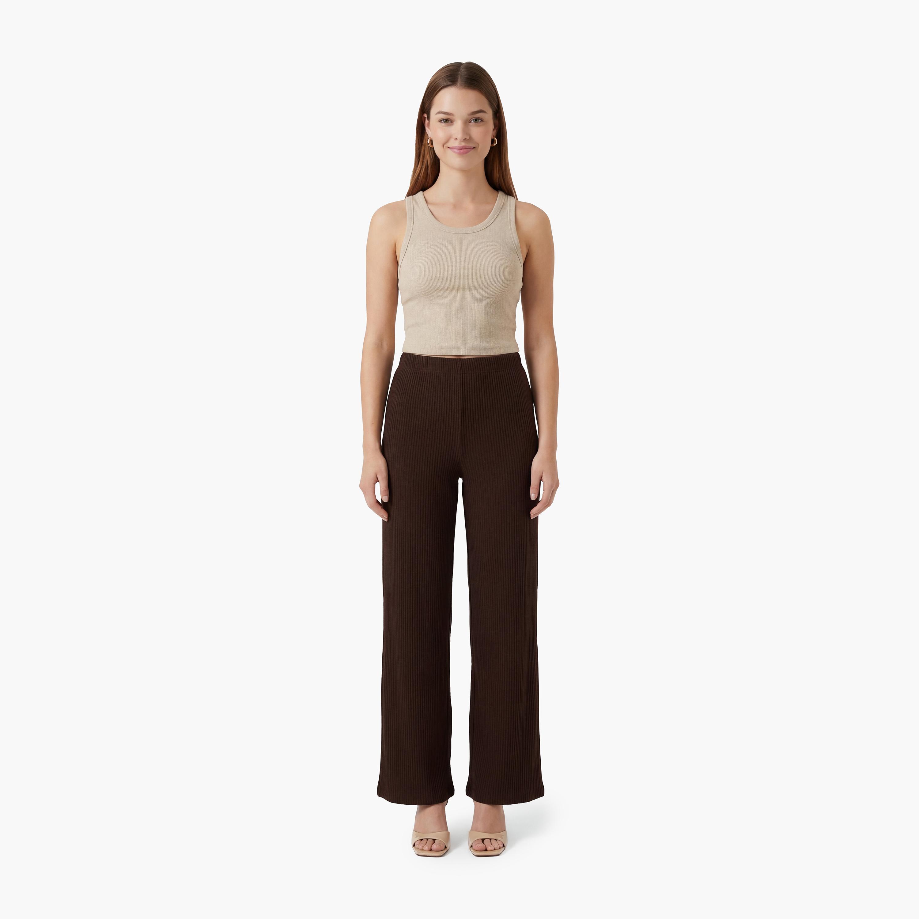 بنطلون نسائي واسع الساق بقماش "تيكستشرد" بارز بلون بني من كوتون-women-clothing-bottoms-trousers-image-2