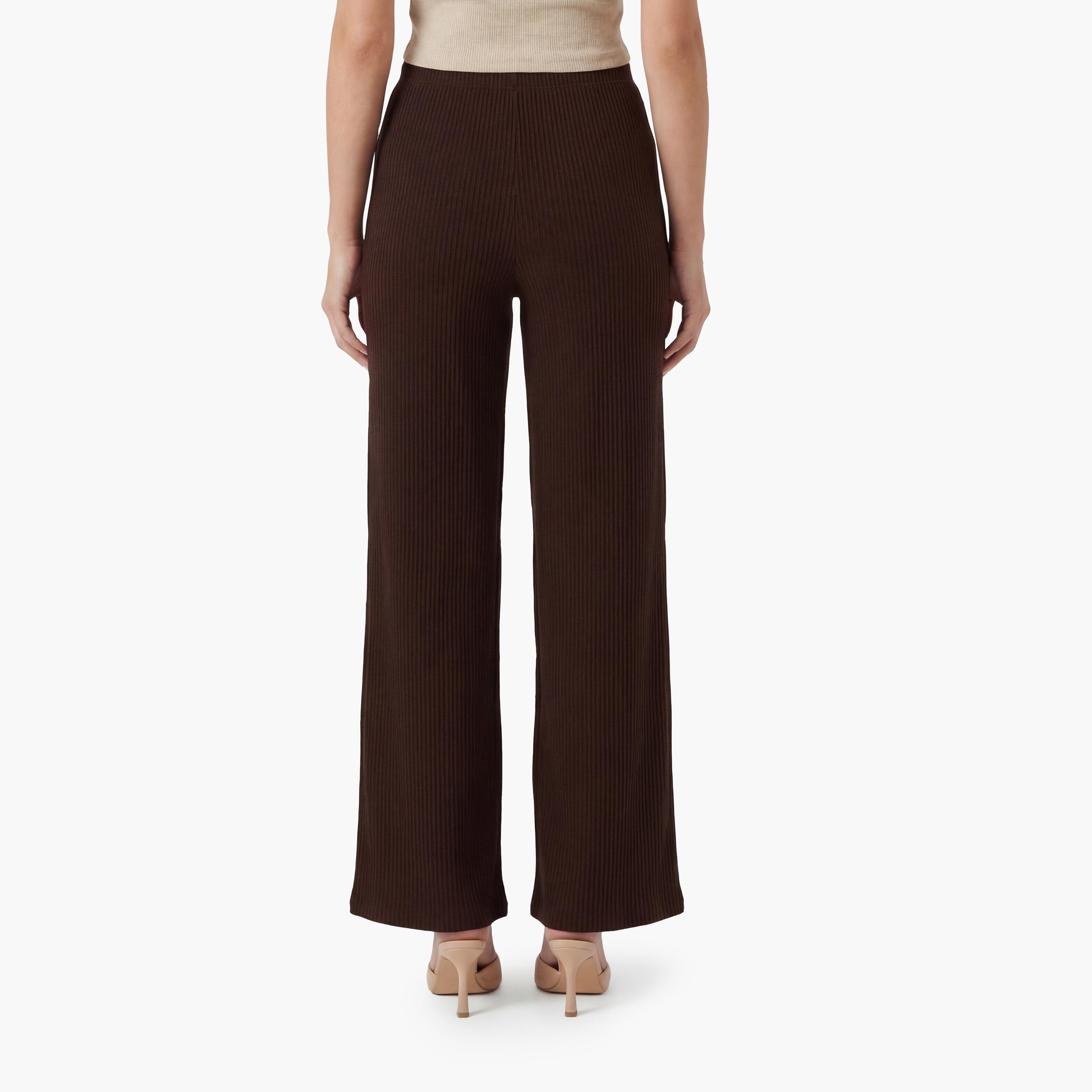 بنطلون نسائي واسع الساق بقماش "تيكستشرد" بارز بلون بني من كوتون-women-clothing-bottoms-trousers-image-3