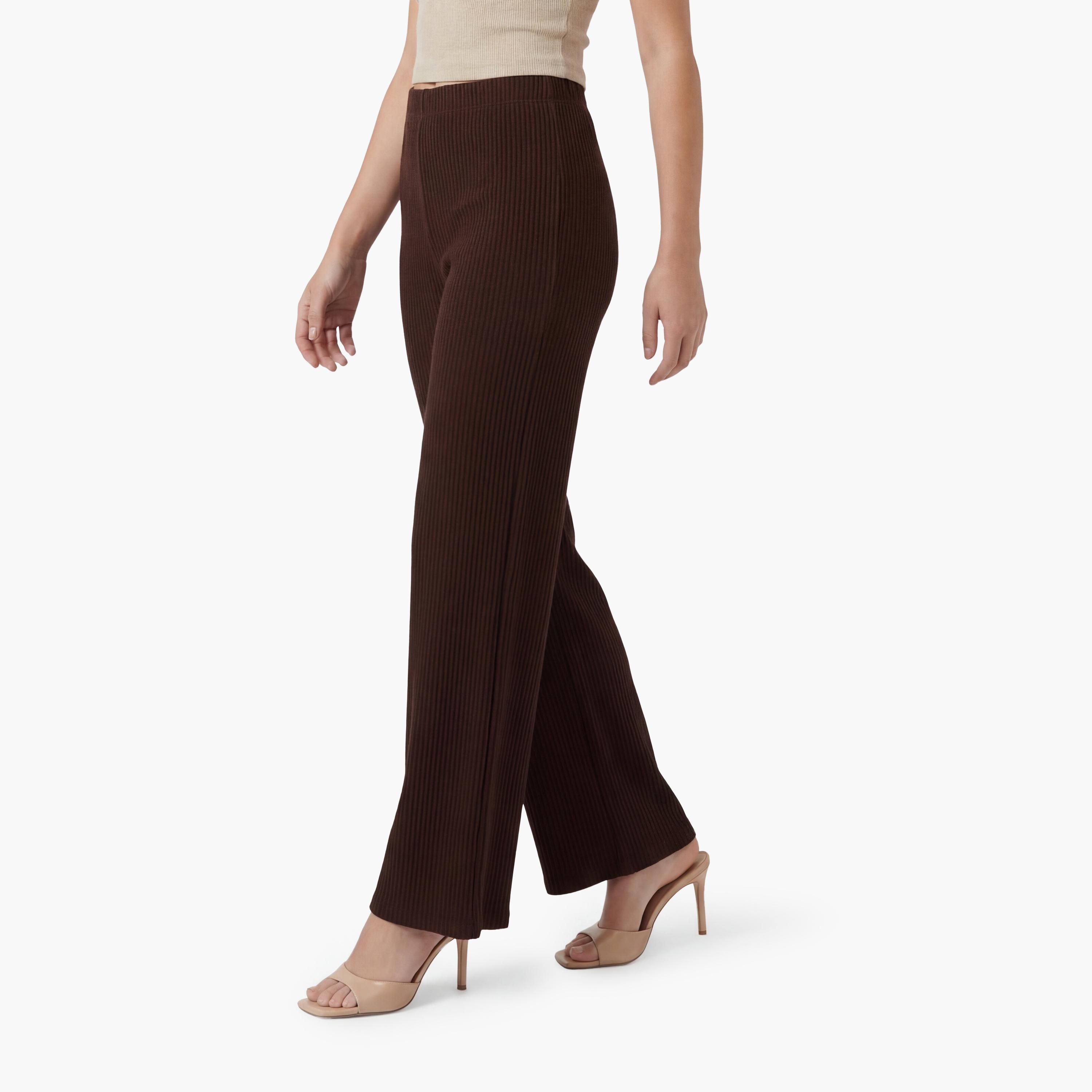 بنطلون نسائي واسع الساق بقماش "تيكستشرد" بارز بلون بني من كوتون-women-clothing-bottoms-trousers-image-4