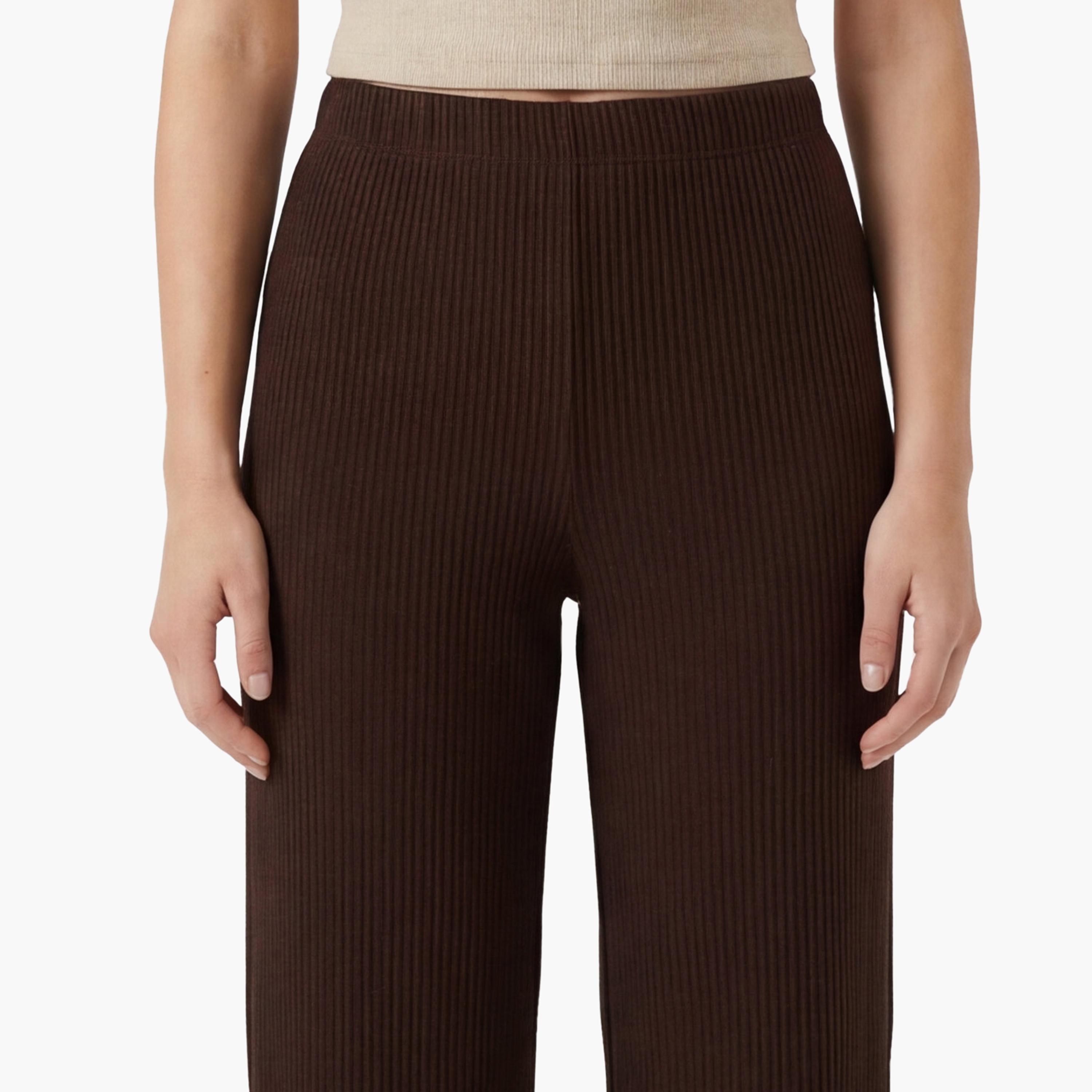 بنطلون نسائي واسع الساق بقماش "تيكستشرد" بارز بلون بني من كوتون-women-clothing-bottoms-trousers-image-5