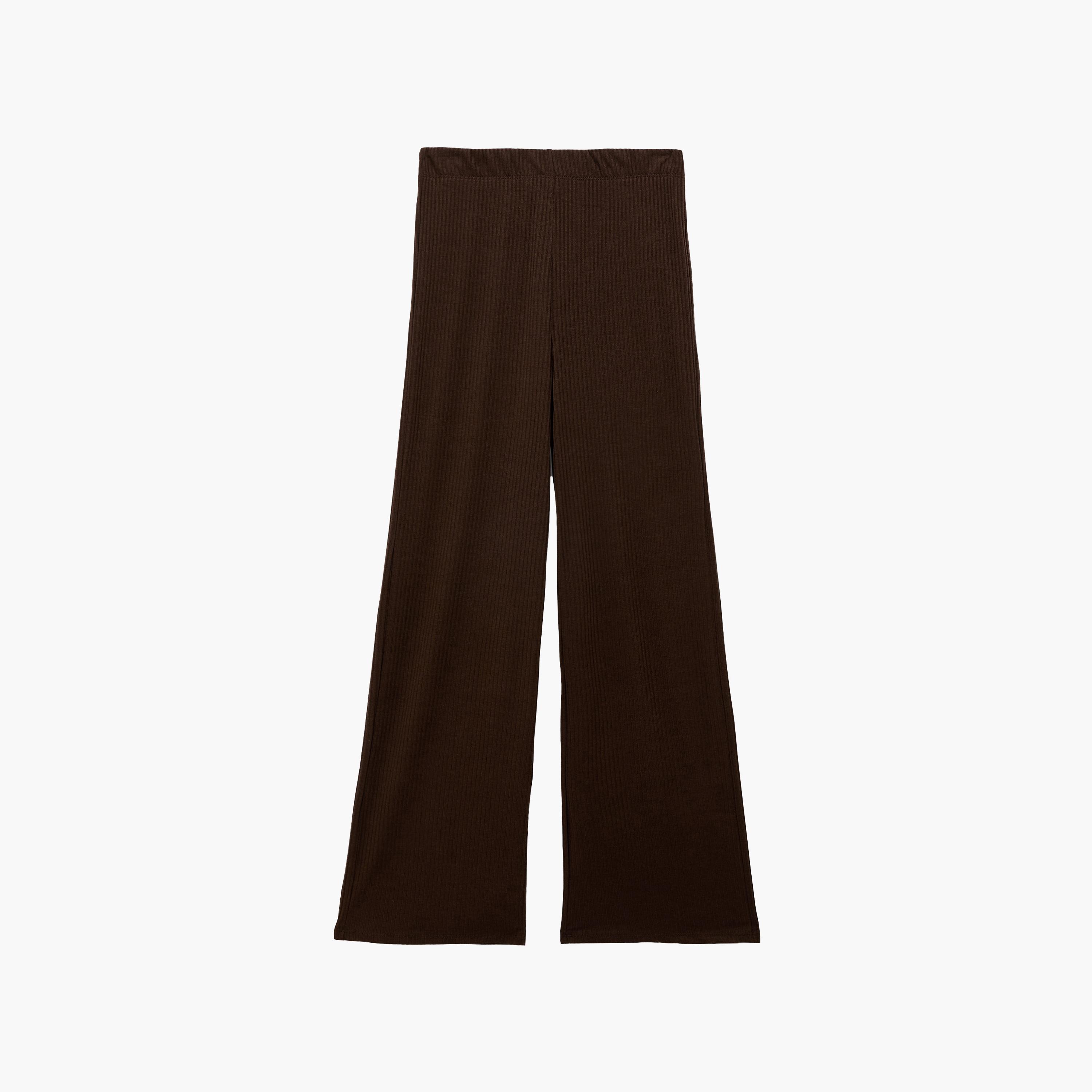 بنطلون نسائي واسع الساق بقماش "تيكستشرد" بارز بلون بني من كوتون-women-clothing-bottoms-trousers-image-6