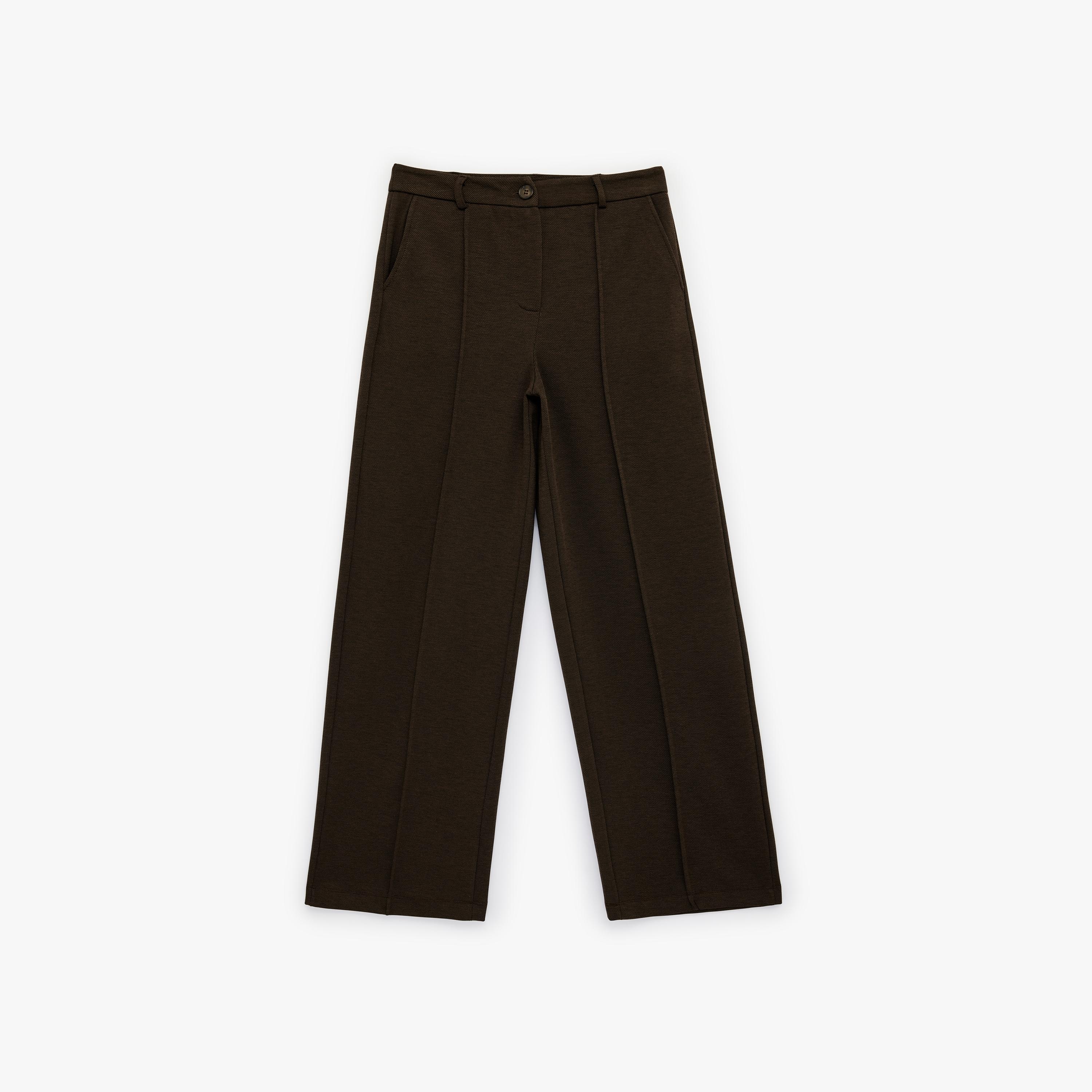 بنطلون نسائي قصة مستقيمة سادة بزر وسحاب بلون بني من كوتون-women-clothing-bottoms-trousers-image-4