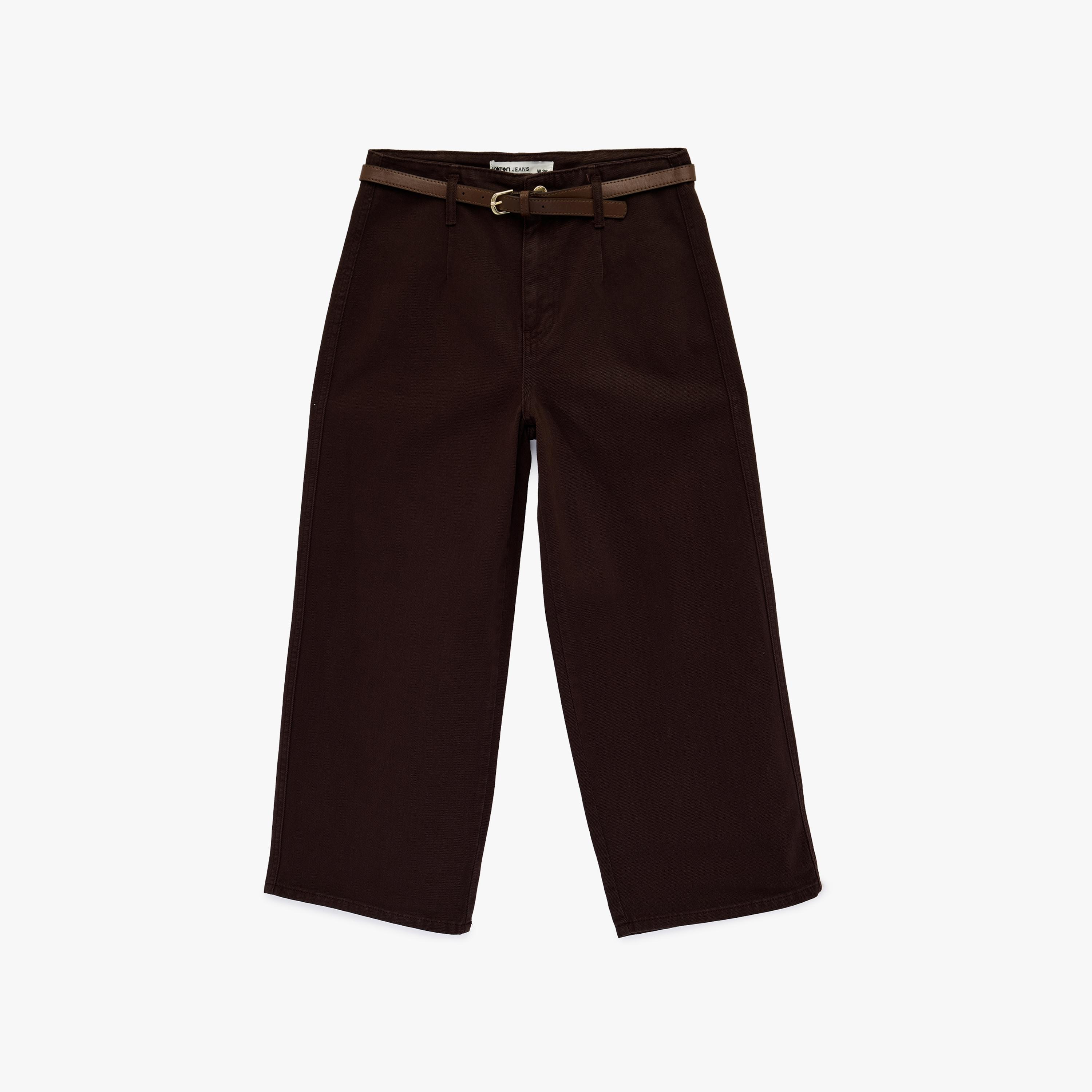 بنطلون نسائي واسع الساق بقماش قطني سادة بزر وسحاب بلون بني من كوتون-women-clothing-bottoms-trousers-image-1