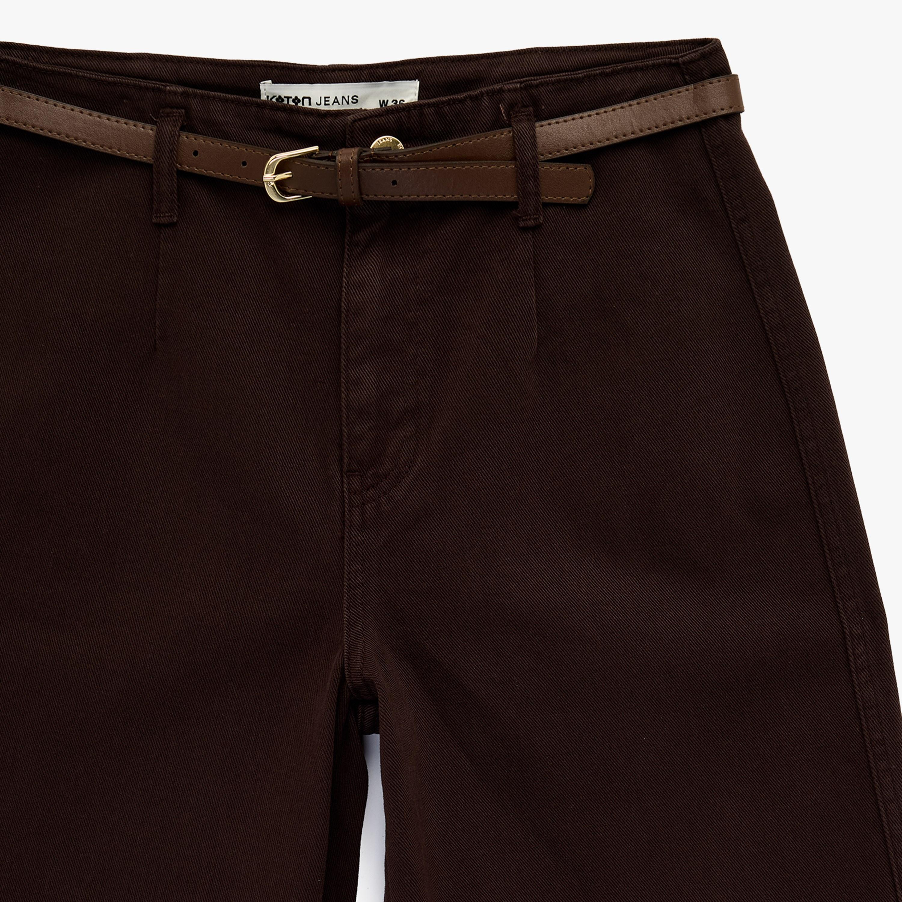 بنطلون نسائي واسع الساق بقماش قطني سادة بزر وسحاب بلون بني من كوتون-women-clothing-bottoms-trousers-image-3