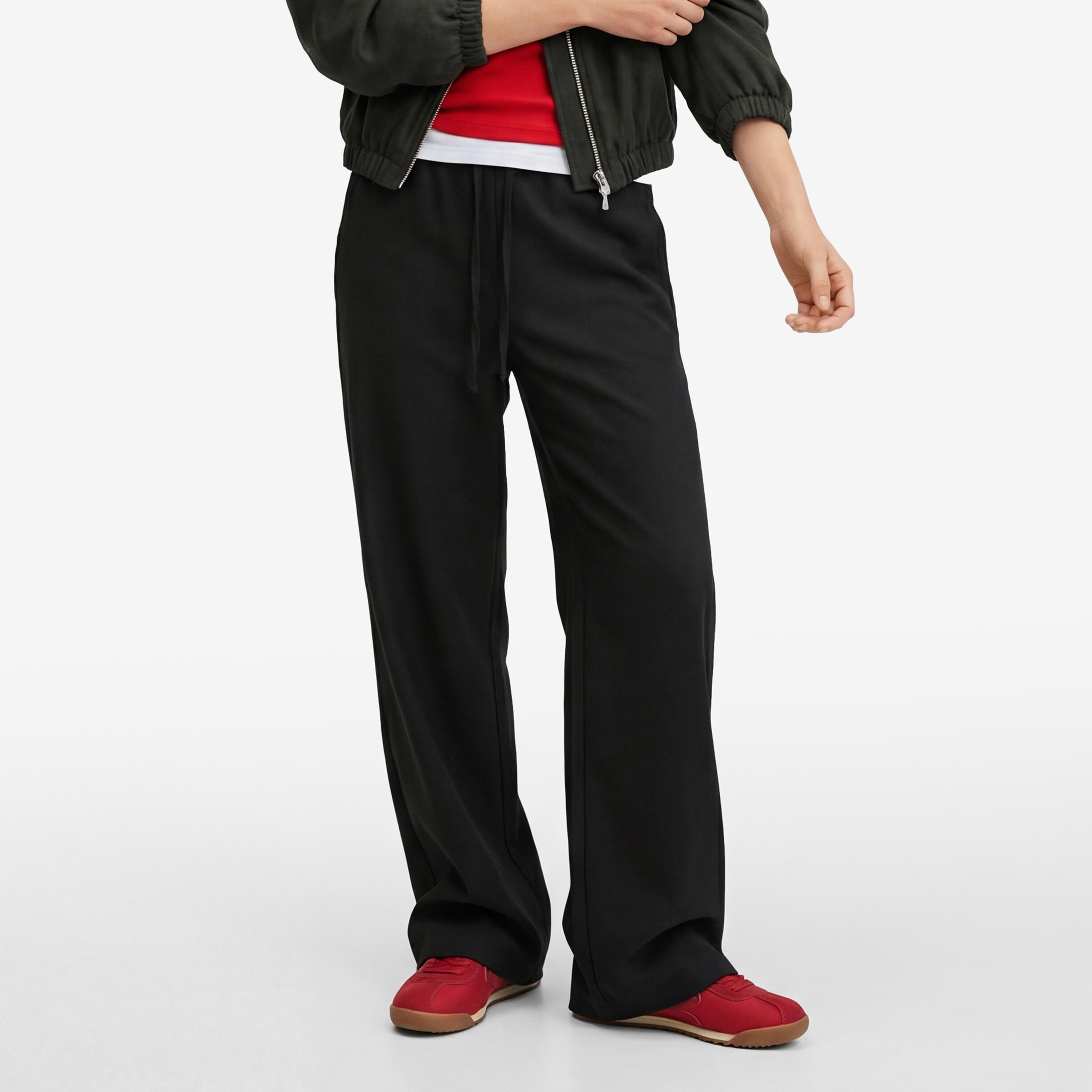 بنطلون نسائي واسع الساق سادة بخصر برباط بلون "تشاركل" من كوتون-women-clothing-bottoms-trousers-image-1