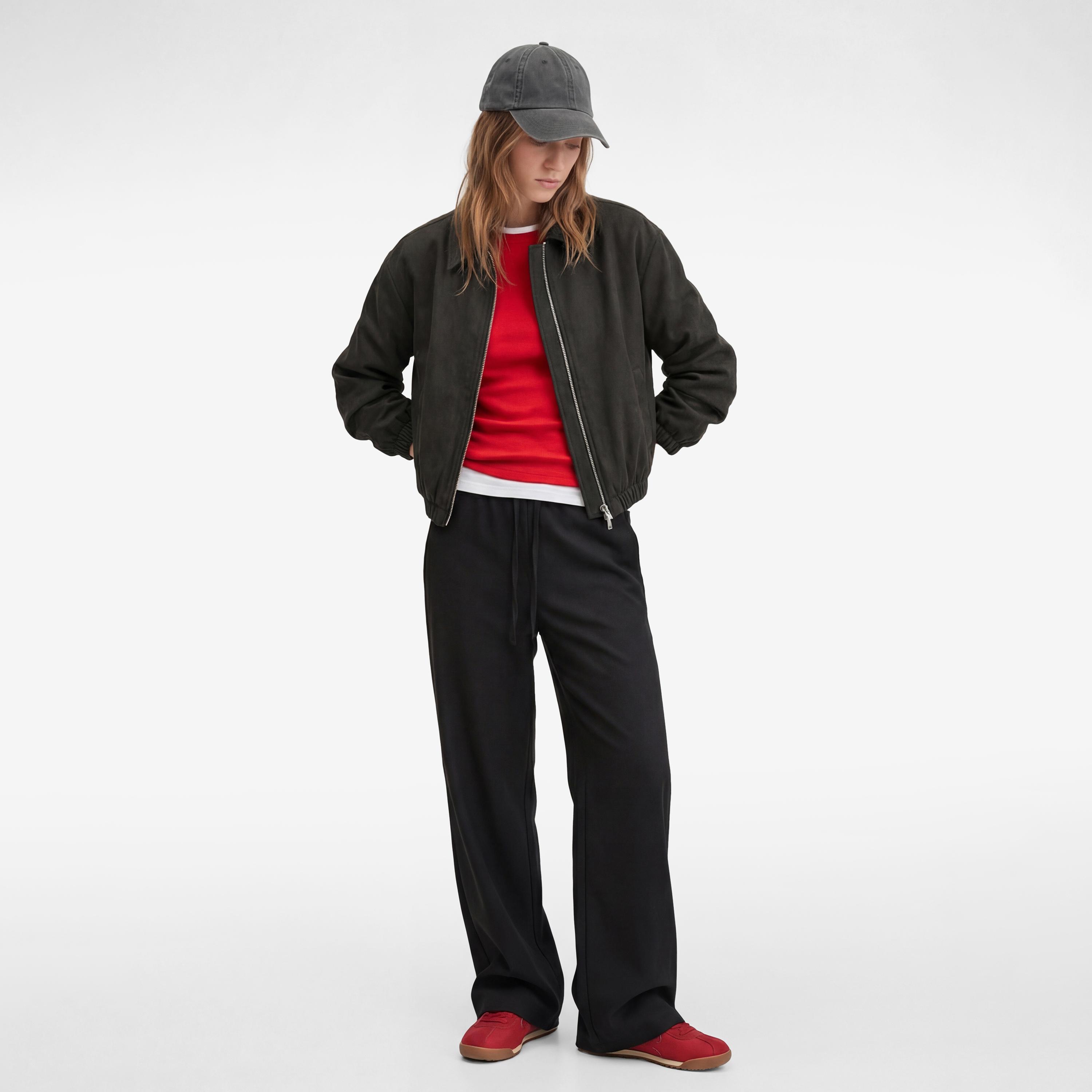 بنطلون نسائي واسع الساق سادة بخصر برباط بلون "تشاركل" من كوتون-women-clothing-bottoms-trousers-image-2