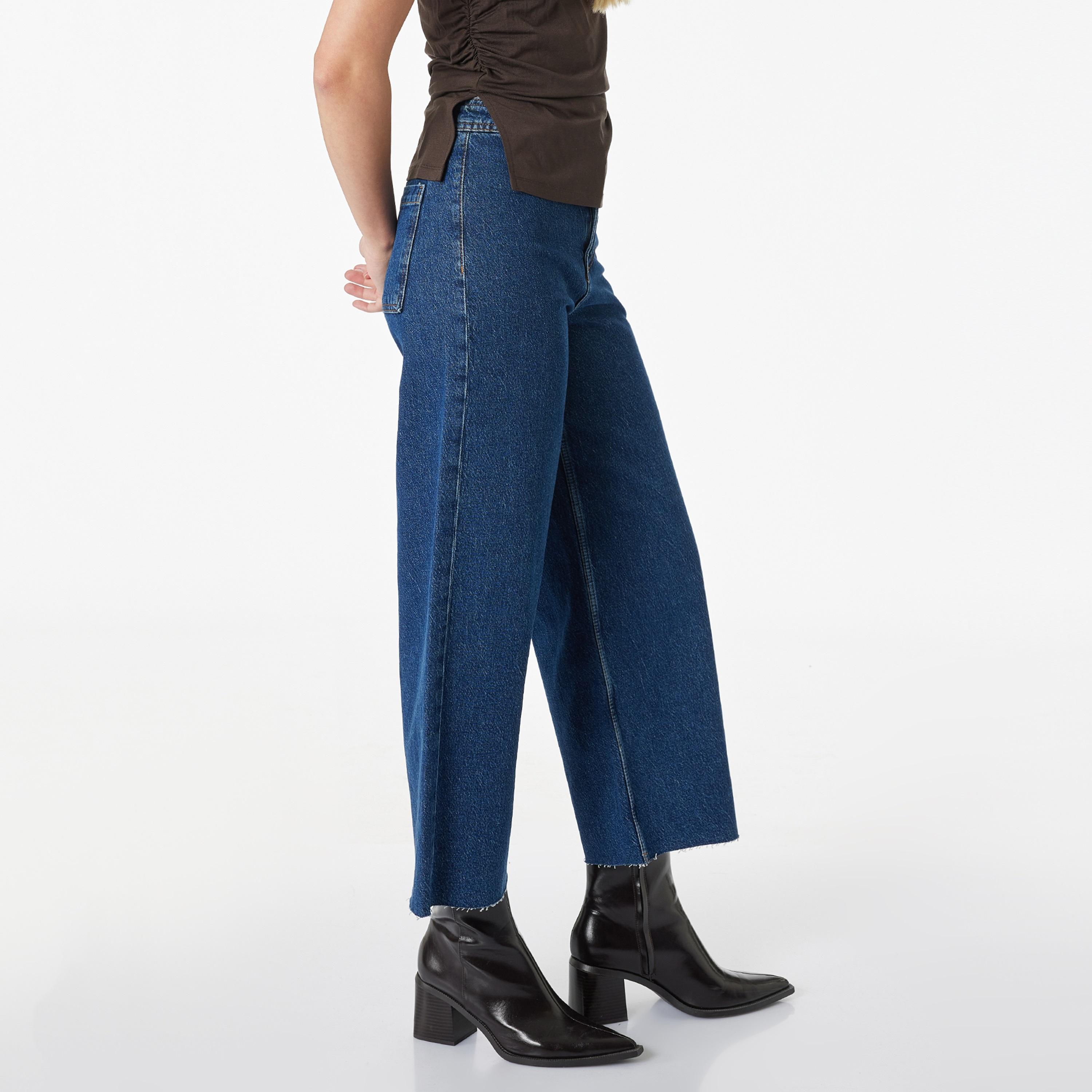 بنطلون جينز نسائي خصر مرتفع قصة "ريلاكس فت" سادة من كوتون-women-clothing-bottoms-jeans-image-3