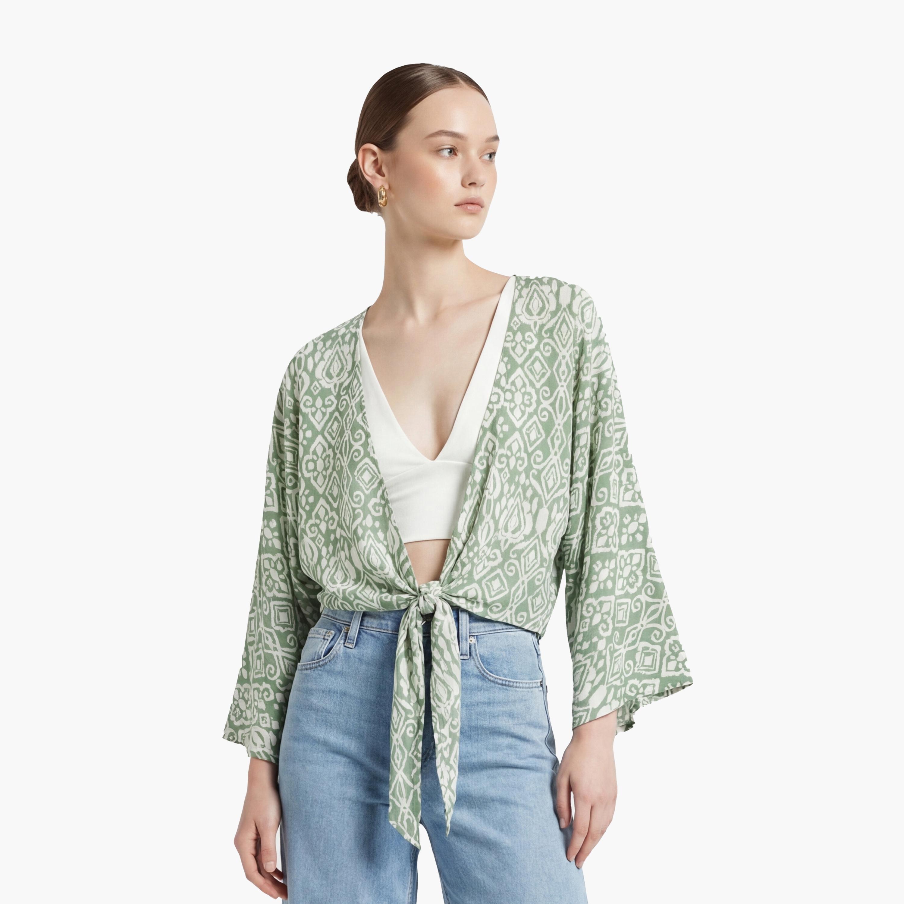 KOTON Green Geometric Print Open-Front Flared Sleeves Women's Top-women-clothing-shirtsandblouses-blouses-image-1