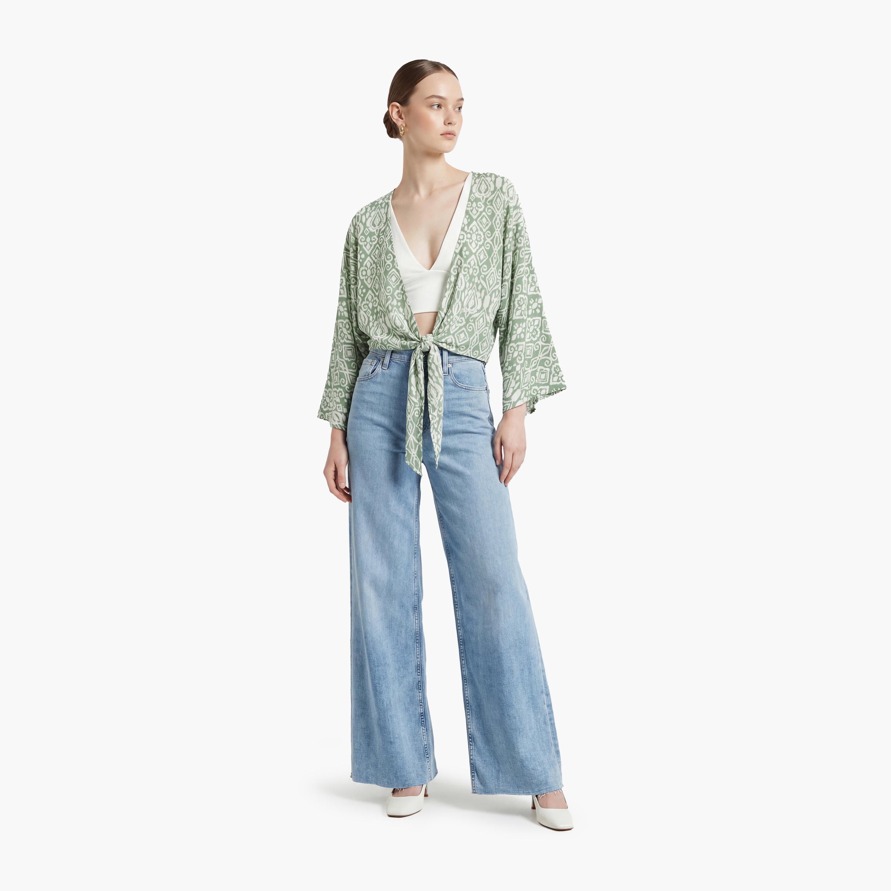 KOTON Green Geometric Print Open-Front Flared Sleeves Women's Top-women-clothing-shirtsandblouses-blouses-image-2