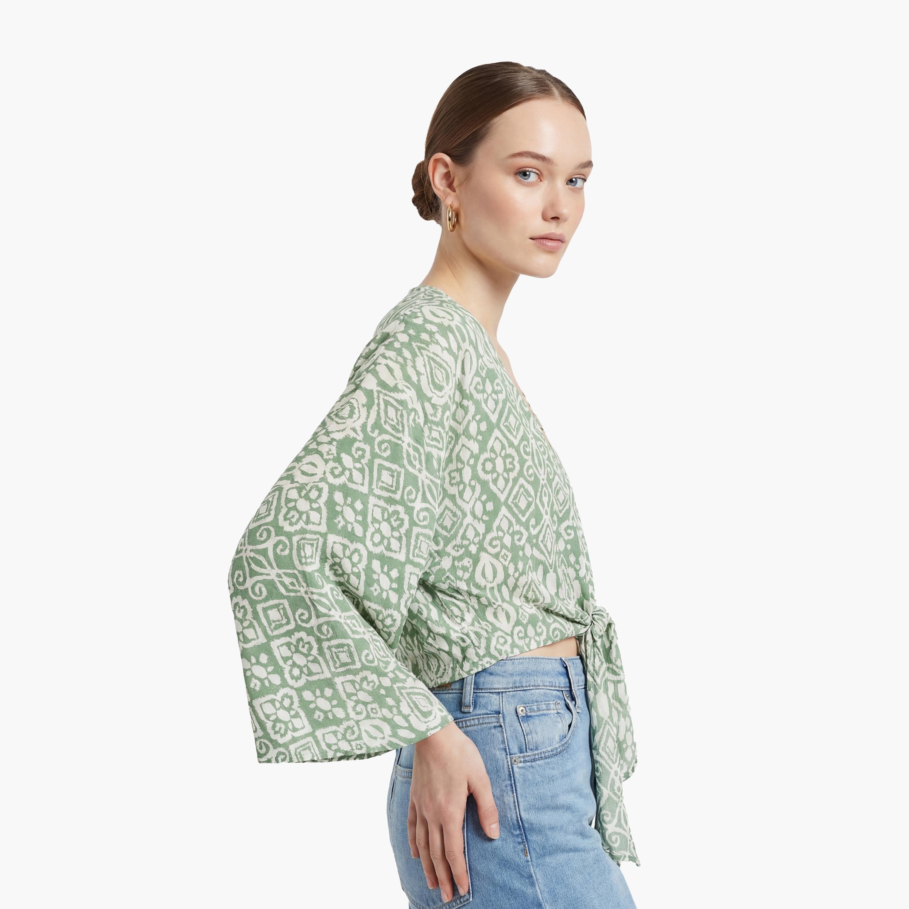 KOTON Green Geometric Print Open-Front Flared Sleeves Women's Top-women-clothing-shirtsandblouses-blouses-image-3