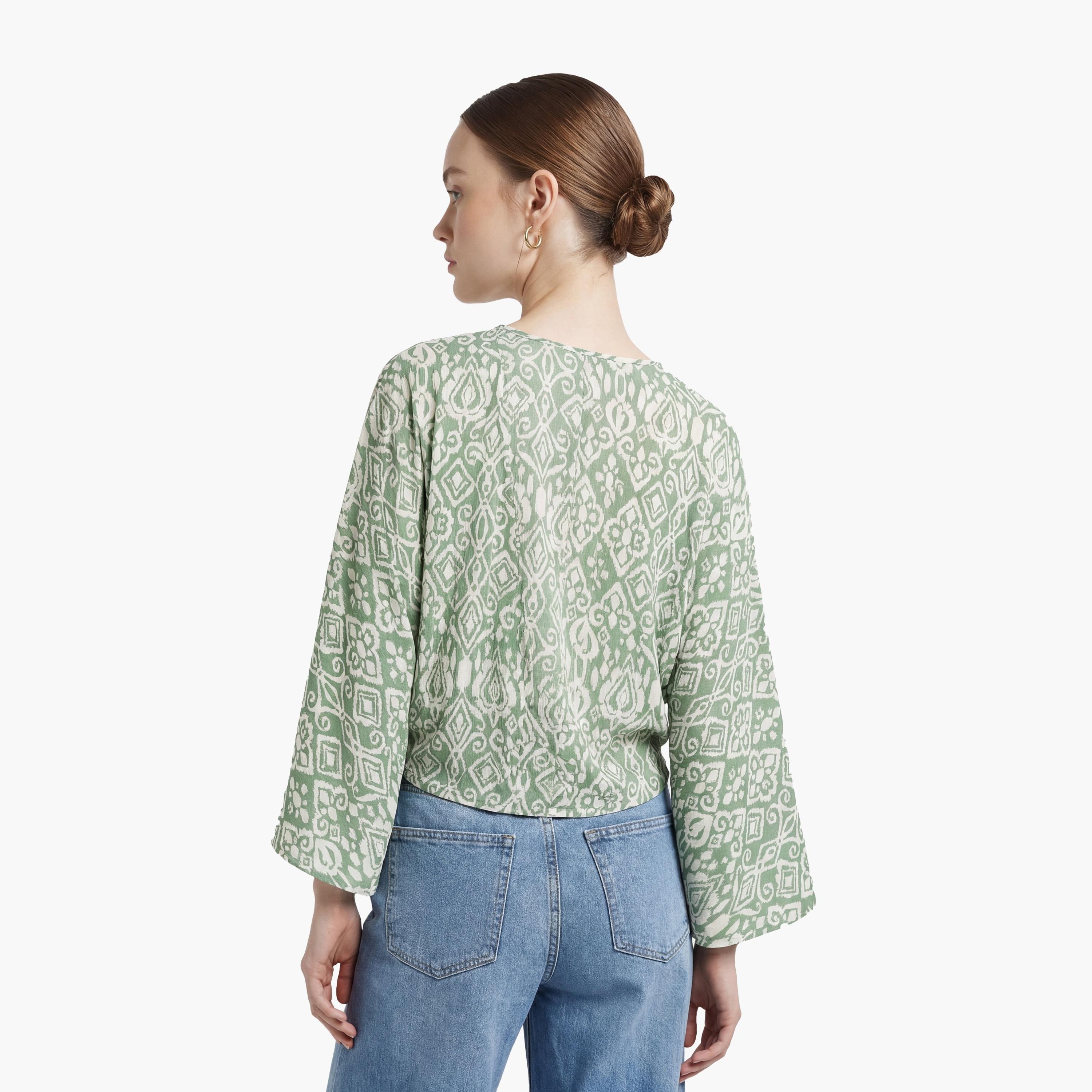 KOTON Green Geometric Print Open-Front Flared Sleeves Women's Top-women-clothing-shirtsandblouses-blouses-image-4