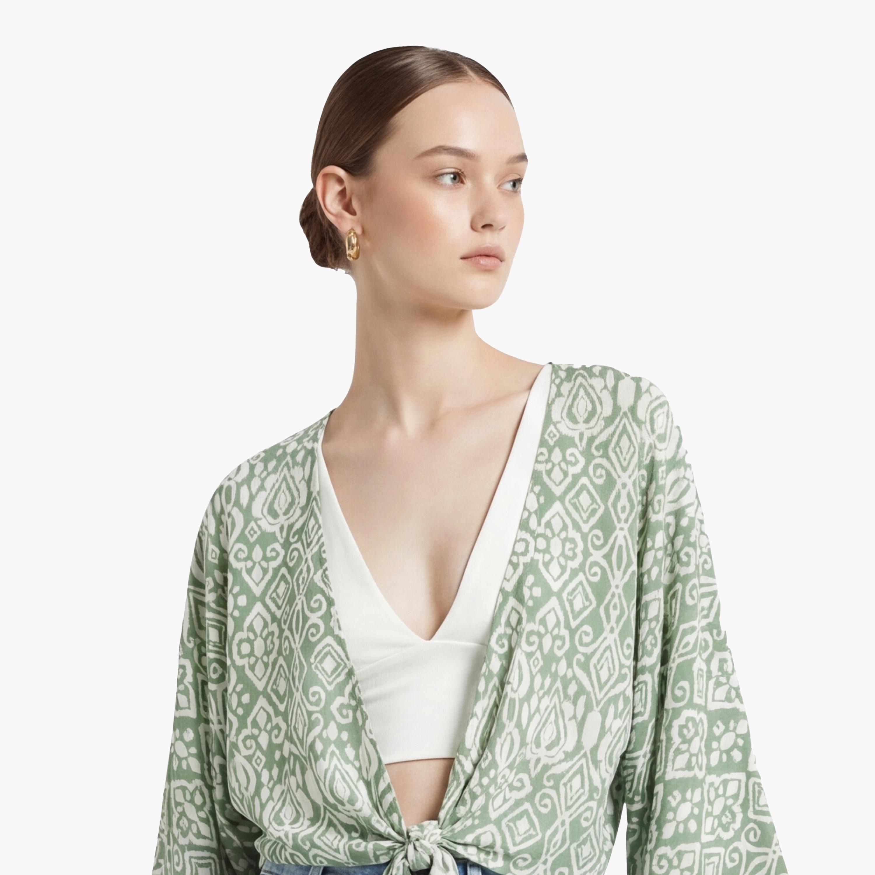 KOTON Green Geometric Print Open-Front Flared Sleeves Women's Top-women-clothing-shirtsandblouses-blouses-image-5