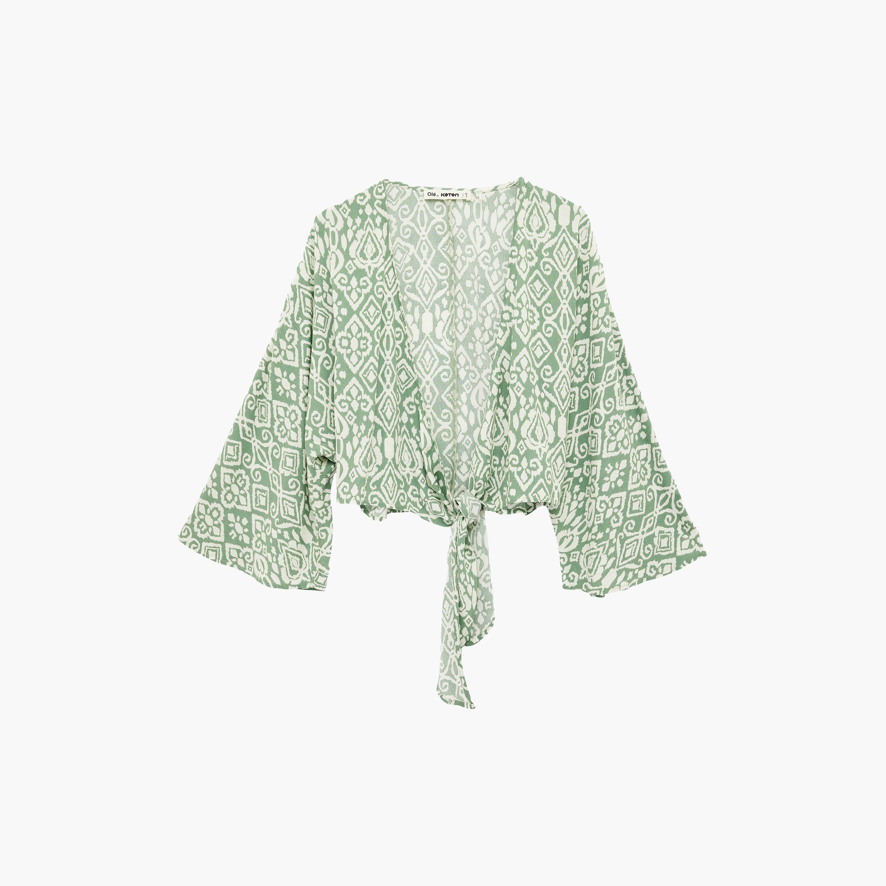 KOTON Green Geometric Print Open-Front Flared Sleeves Women's Top-women-clothing-shirtsandblouses-blouses-image-6