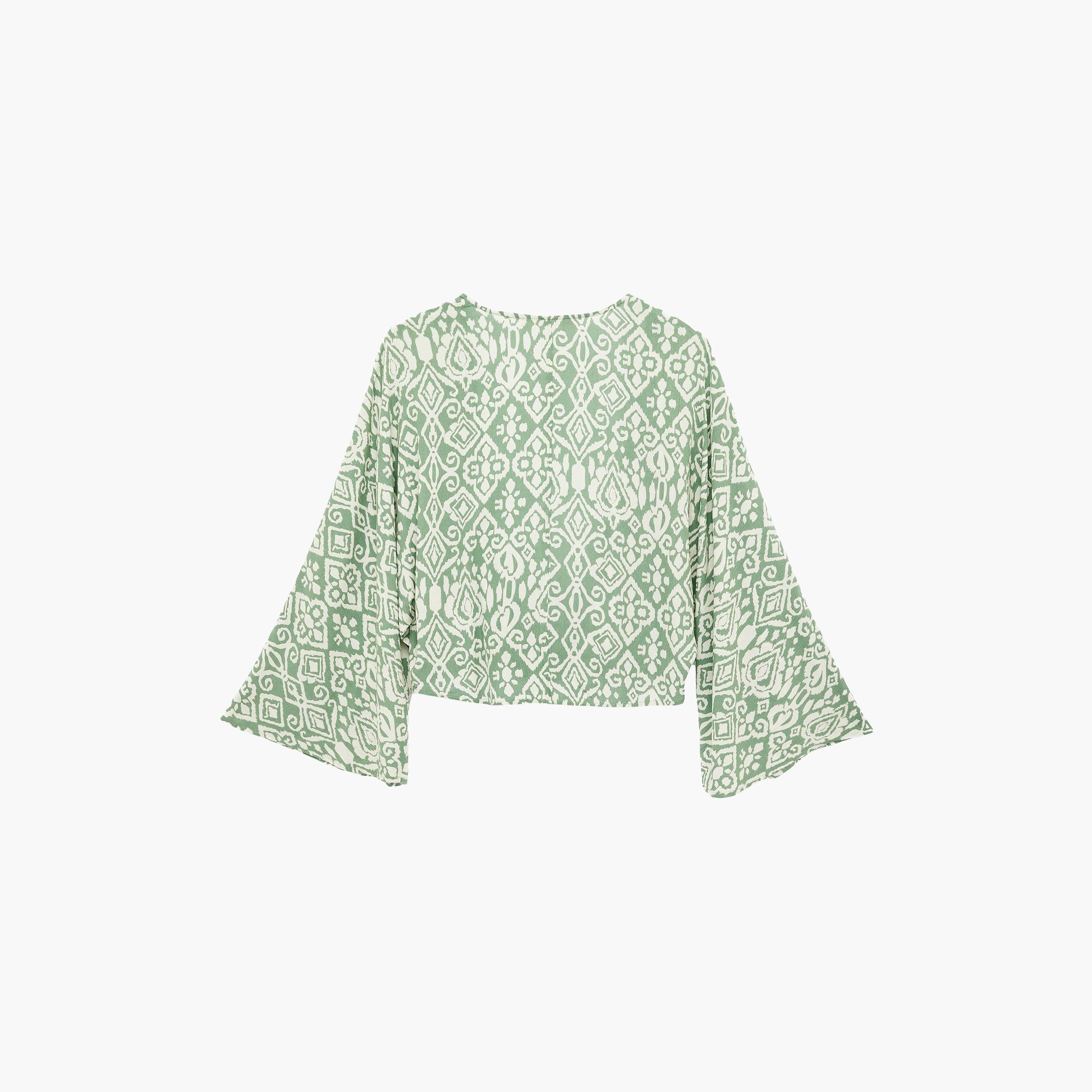KOTON Green Geometric Print Open-Front Flared Sleeves Women's Top-women-clothing-shirtsandblouses-blouses-image-7