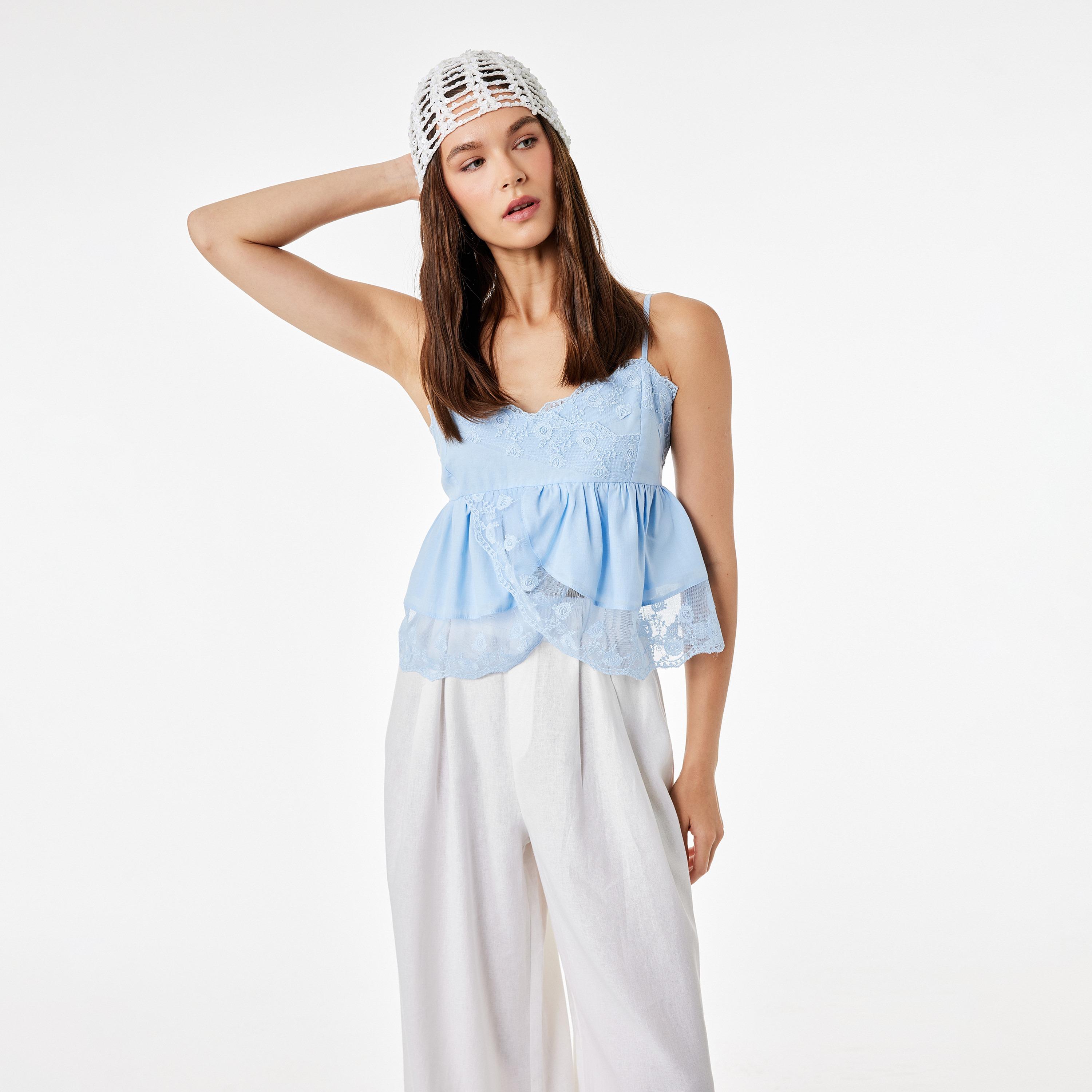 KOTON Blue Lace Trim Spaghetti Straps Women's Cami Top-women-clothing-shirtsandblouses-blouses-image-1
