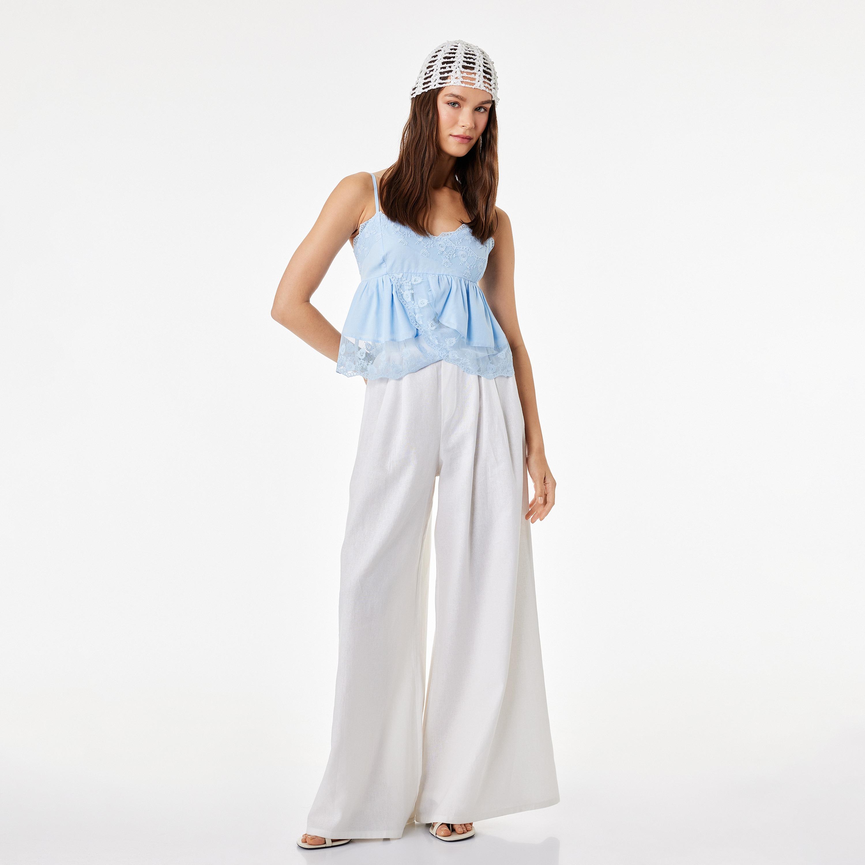KOTON Blue Lace Trim Spaghetti Straps Women's Cami Top-women-clothing-shirtsandblouses-blouses-image-2