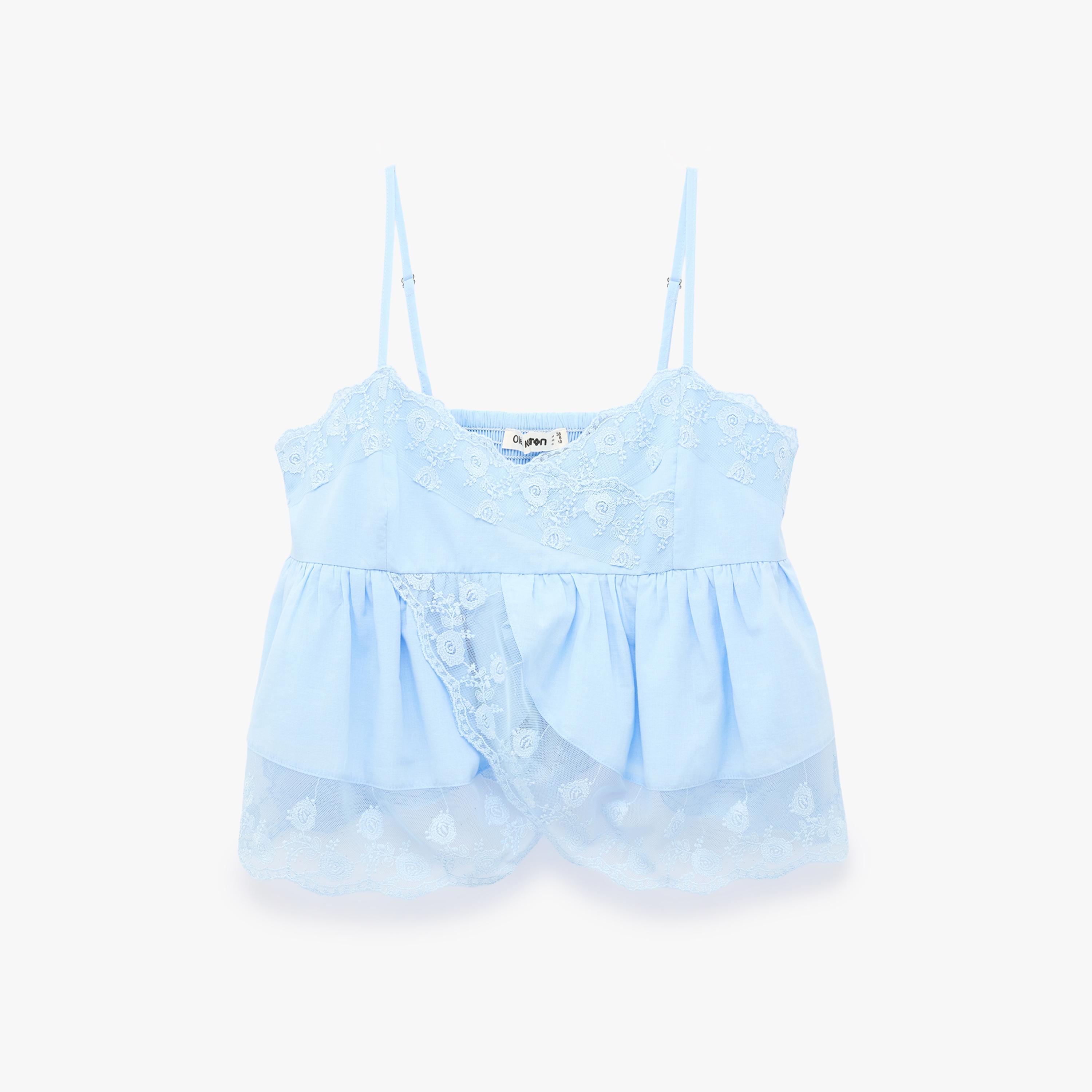 KOTON Blue Lace Trim Spaghetti Straps Women's Cami Top-women-clothing-shirtsandblouses-blouses-image-3