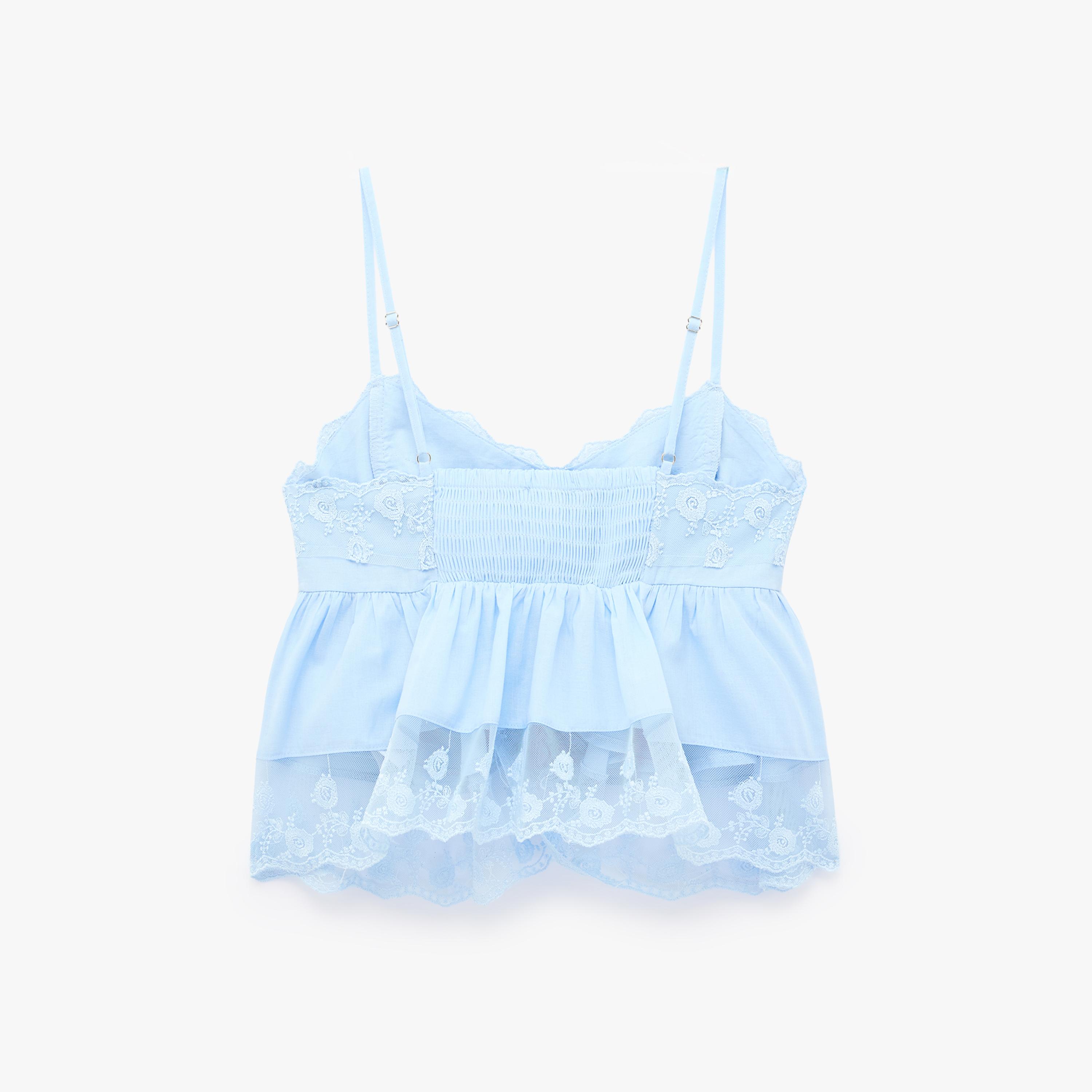 KOTON Blue Lace Trim Spaghetti Straps Women's Cami Top-women-clothing-shirtsandblouses-blouses-image-4