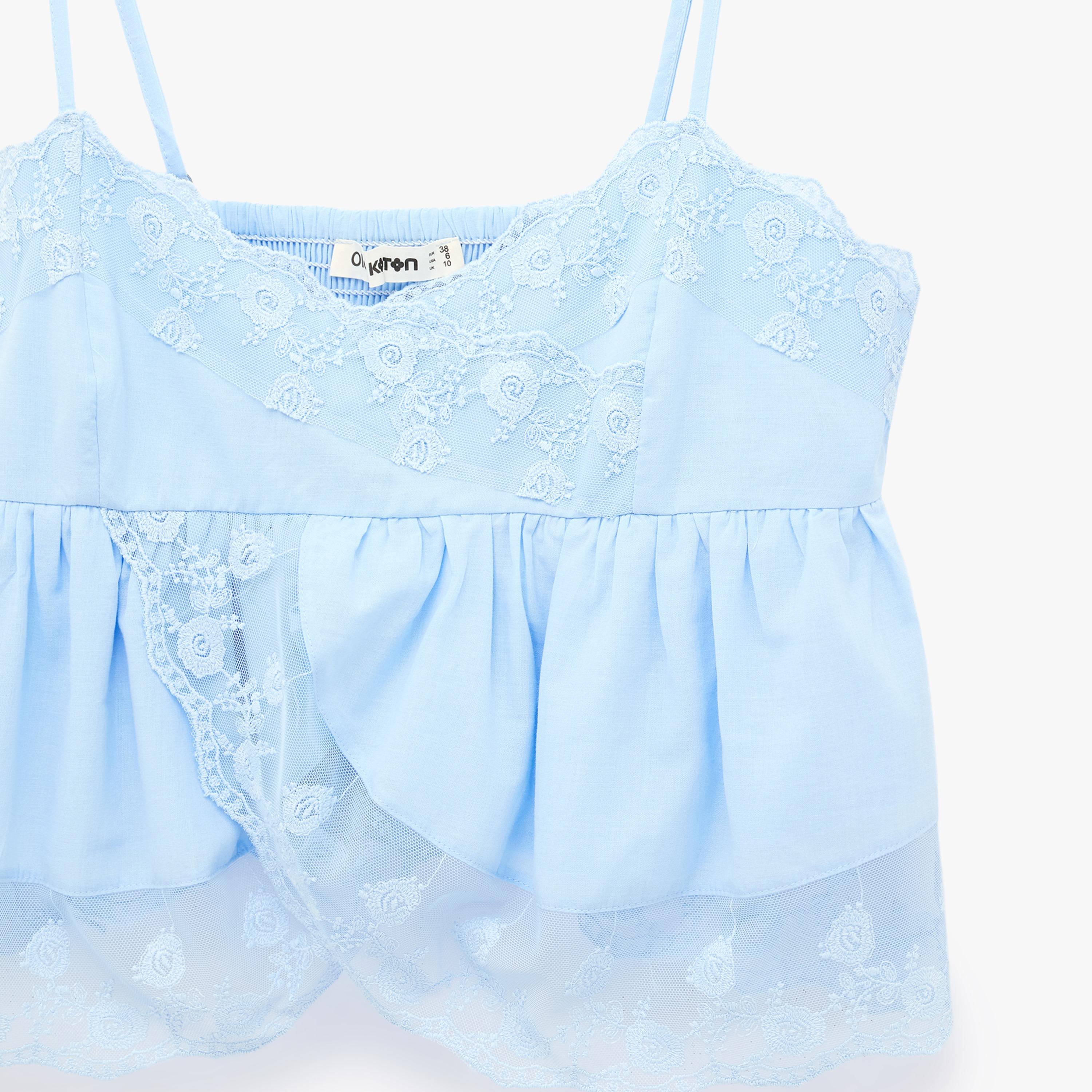 KOTON Blue Lace Trim Spaghetti Straps Women's Cami Top-women-clothing-shirtsandblouses-blouses-image-5