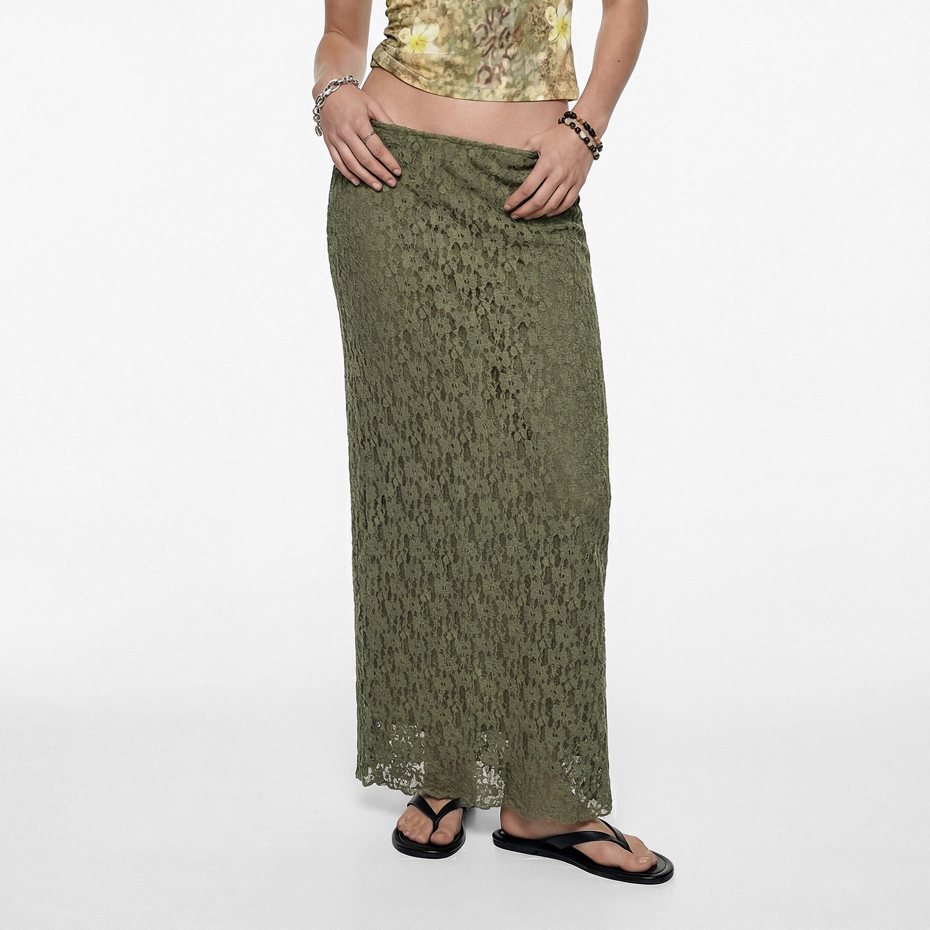 تنورة ماكسي نسائية قصة مستقيمة من الدانتيل بنقشة زهور خضراء من كوتون-women-clothing-bottoms-skirts-image-1