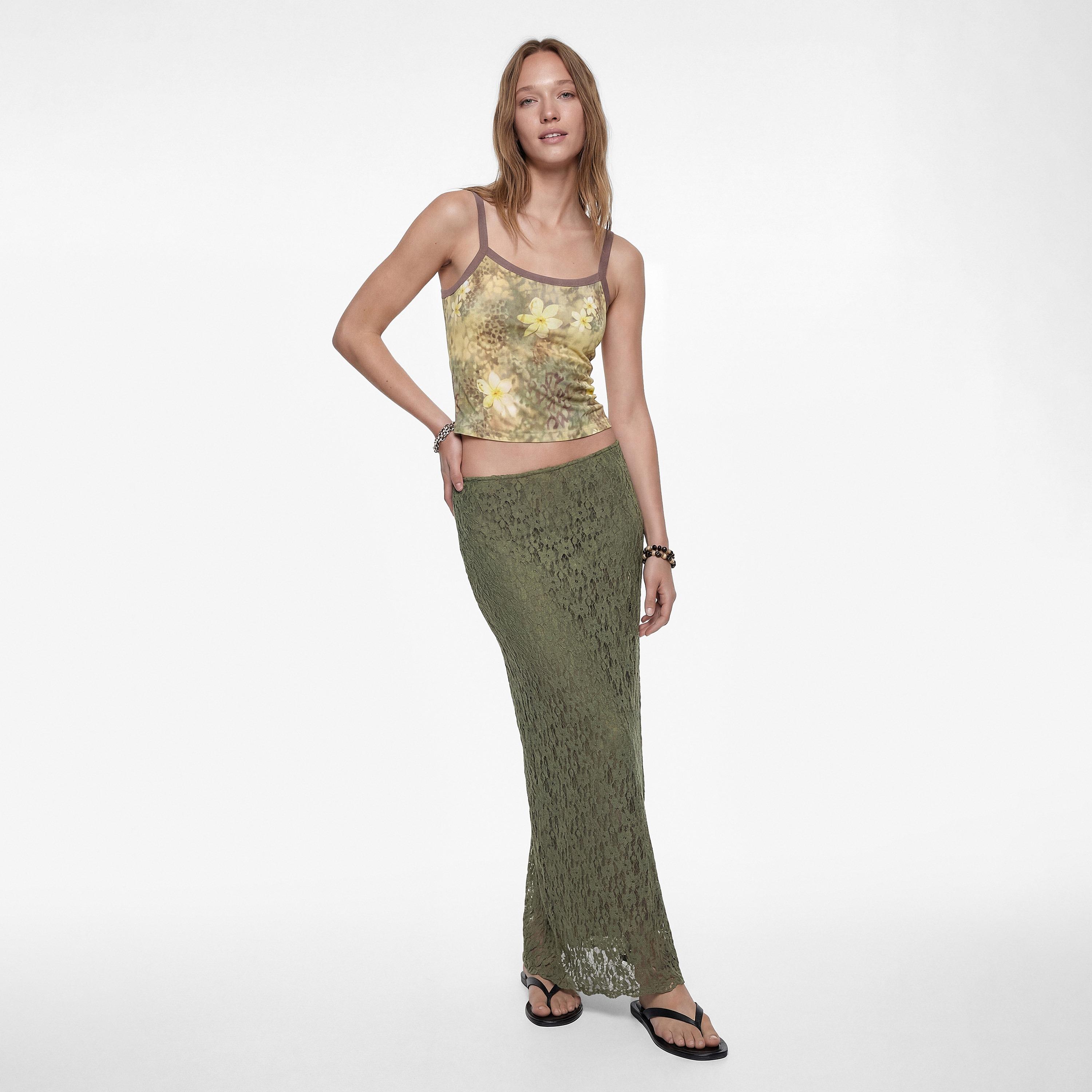 تنورة ماكسي نسائية قصة مستقيمة من الدانتيل بنقشة زهور خضراء من كوتون-women-clothing-bottoms-skirts-image-2