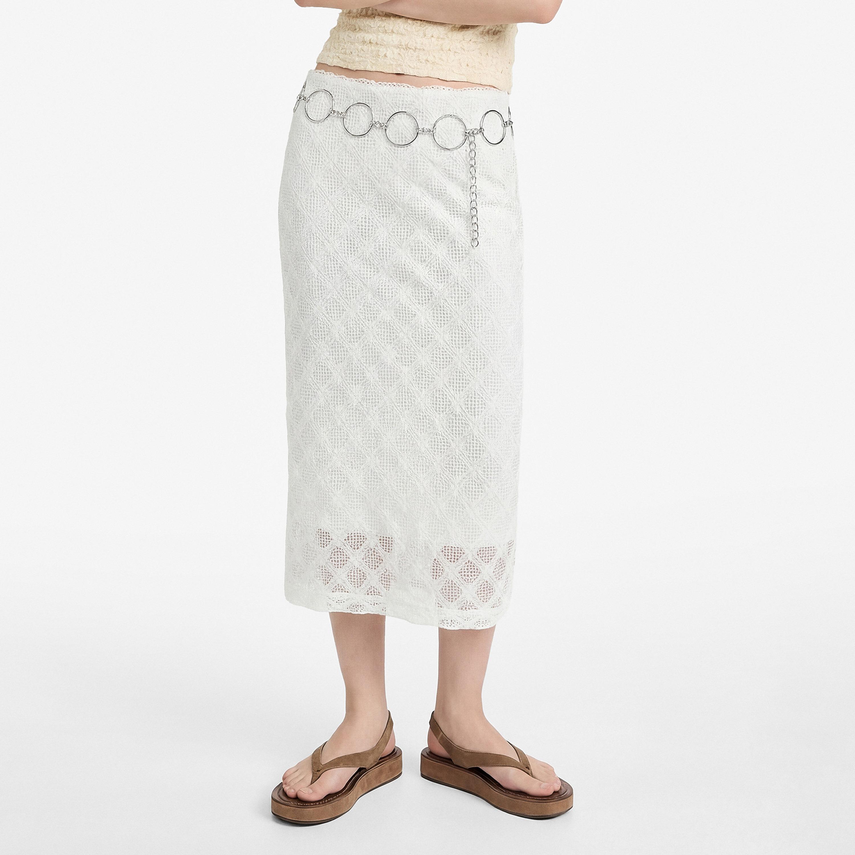تنورة ميدي نسائية قصة مستقيمة من الدانتيل المفرغ بلون أبيض من كوتون-women-clothing-bottoms-skirts-image-1