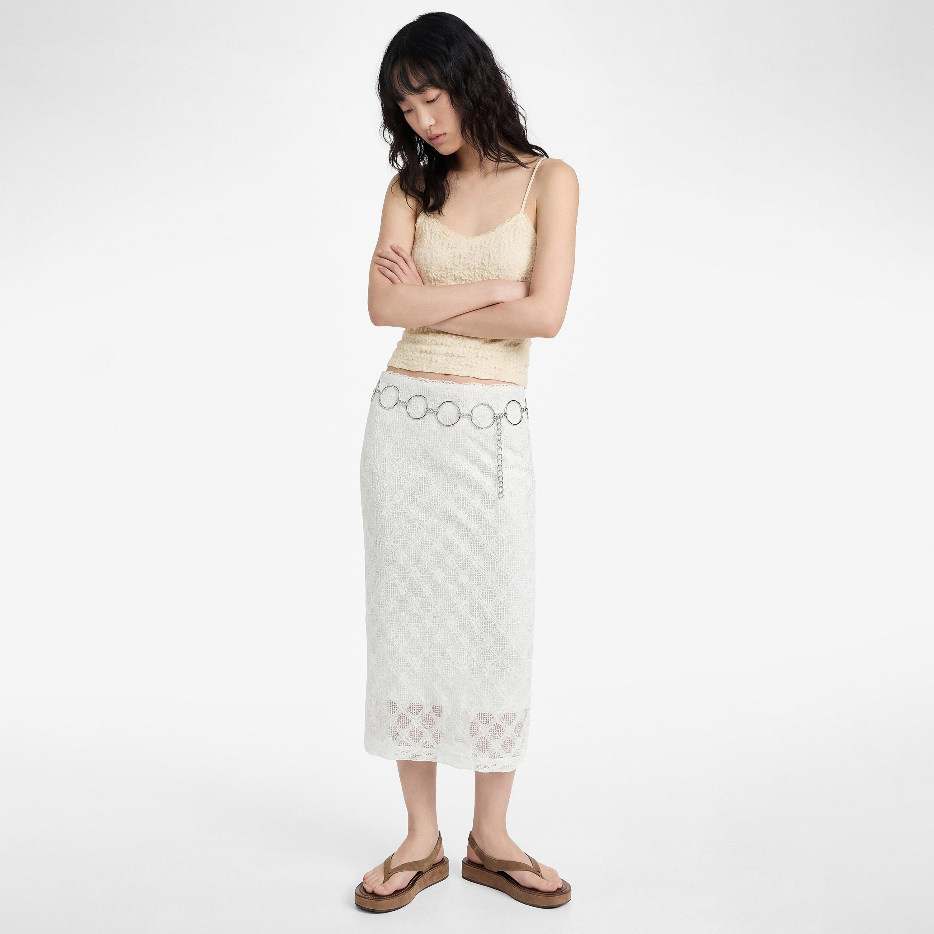 تنورة ميدي نسائية قصة مستقيمة من الدانتيل المفرغ بلون أبيض من كوتون-women-clothing-bottoms-skirts-image-2