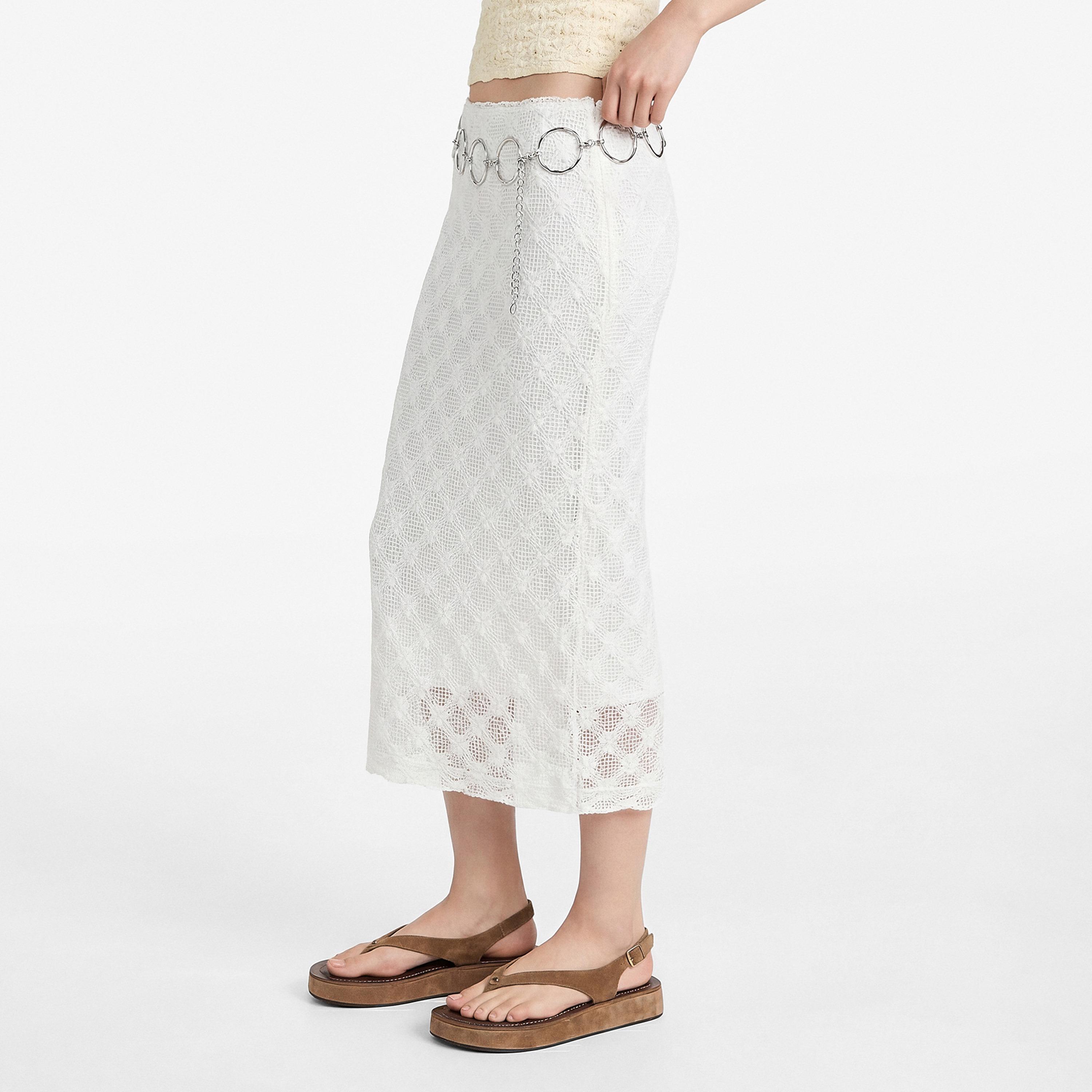 تنورة ميدي نسائية قصة مستقيمة من الدانتيل المفرغ بلون أبيض من كوتون-women-clothing-bottoms-skirts-image-3
