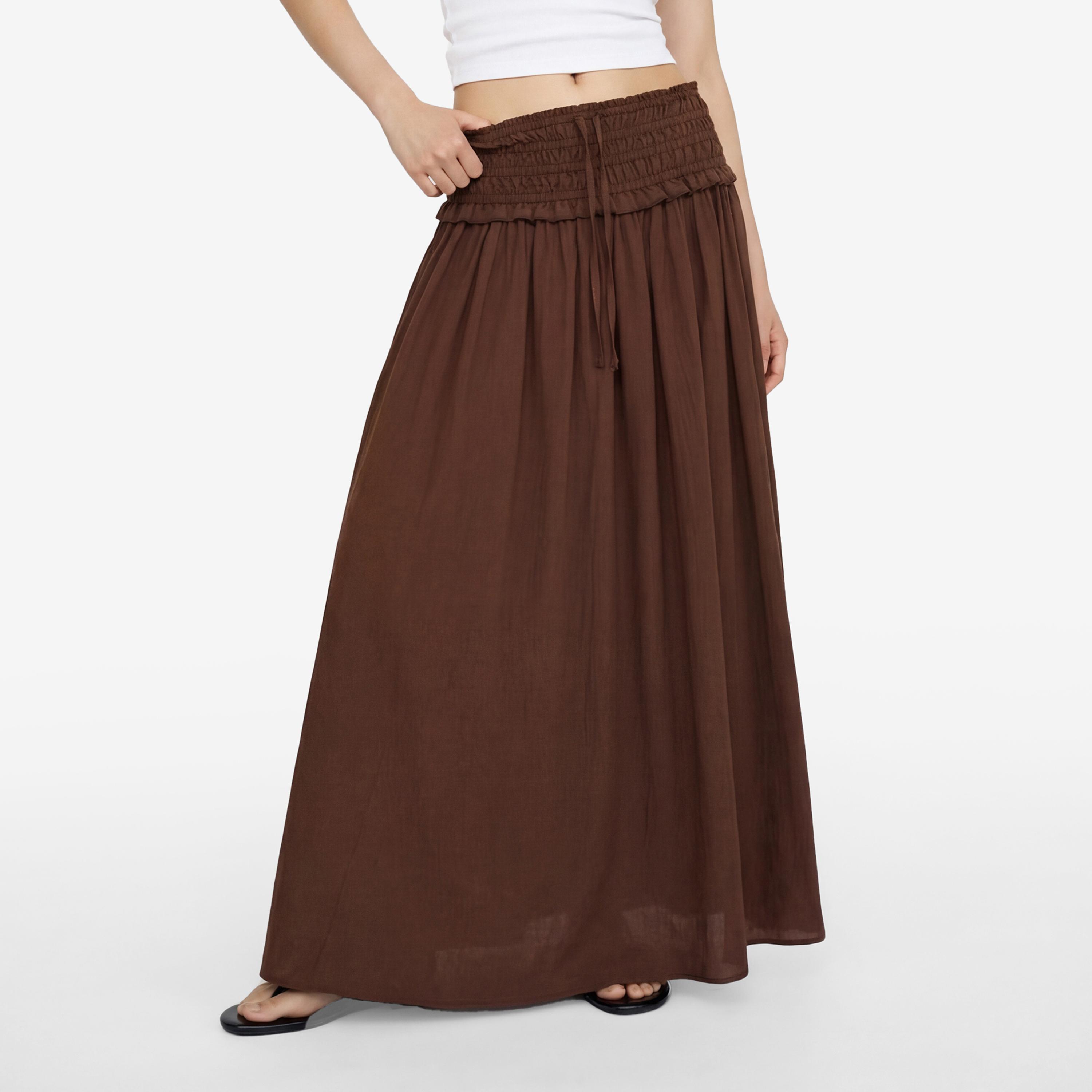 تنورة ماكسي نسائية بقصة كلوش بلون بني من كوتون-women-clothing-bottoms-skirts-image-1