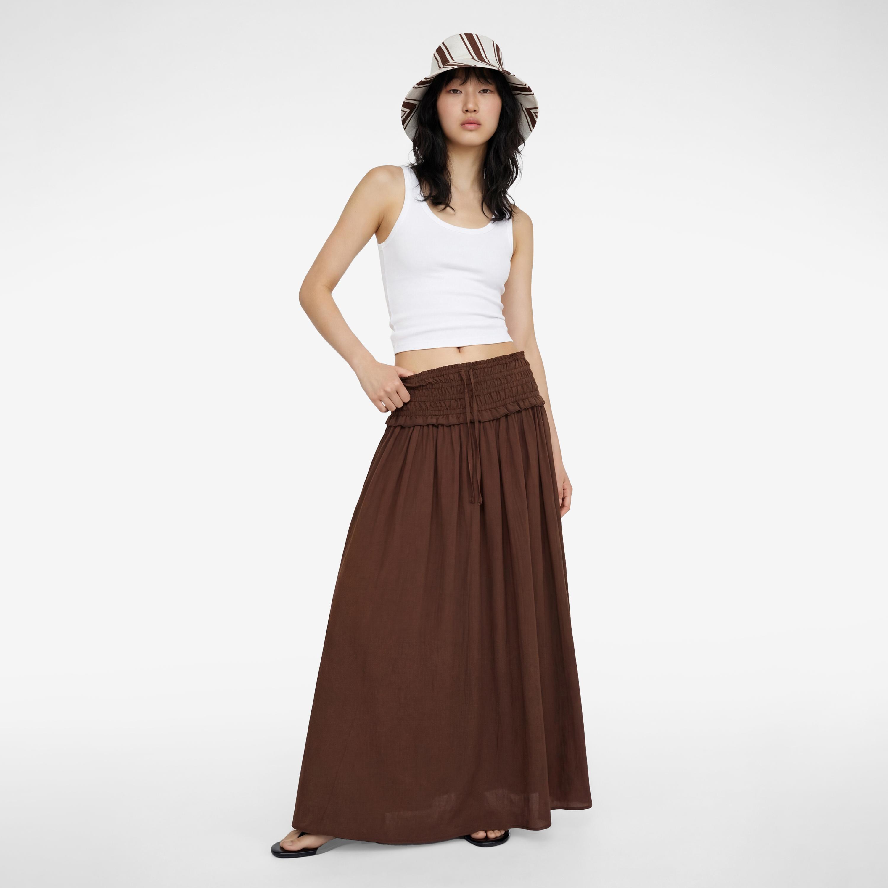 تنورة ماكسي نسائية بقصة كلوش بلون بني من كوتون-women-clothing-bottoms-skirts-image-2