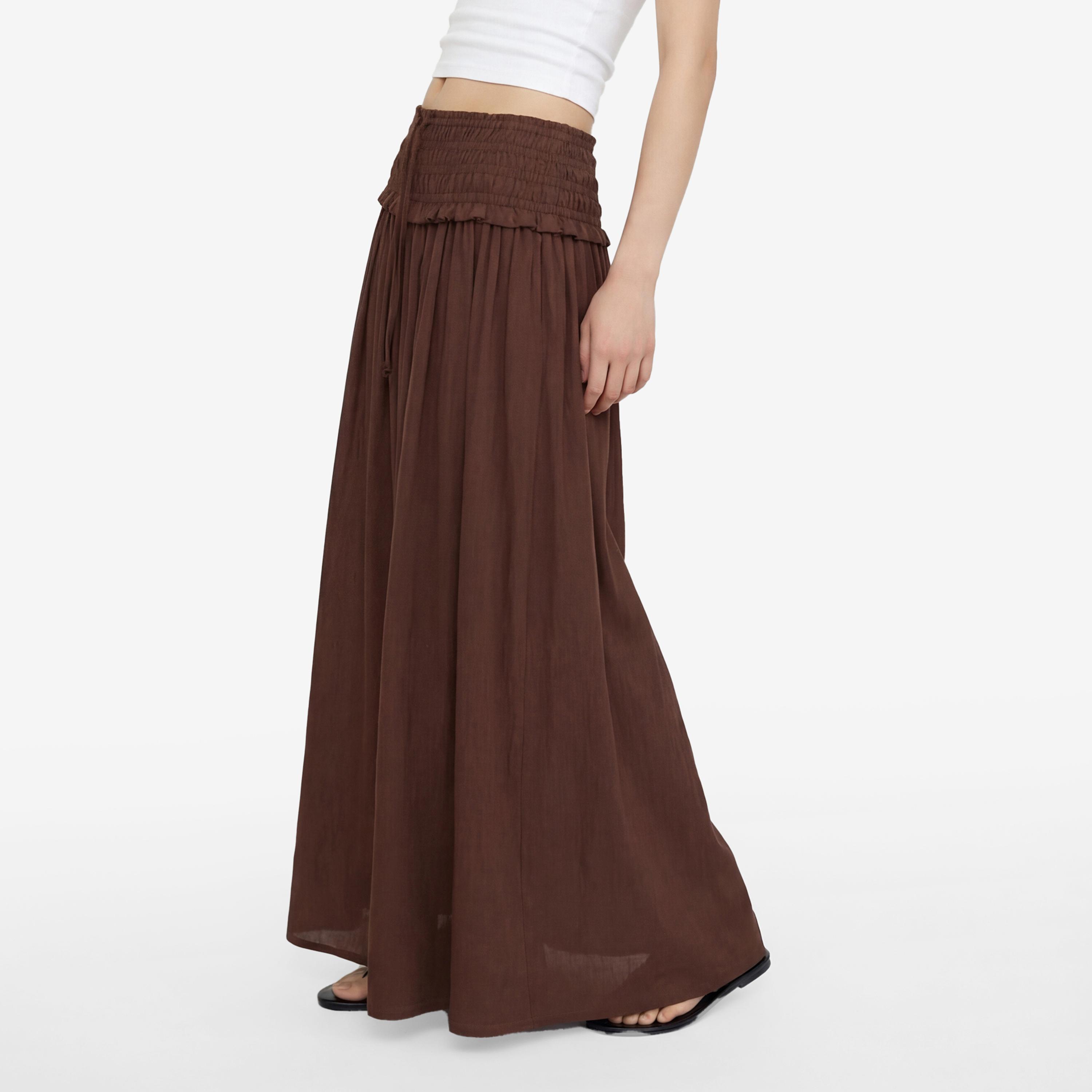 تنورة ماكسي نسائية بقصة كلوش بلون بني من كوتون-women-clothing-bottoms-skirts-image-3