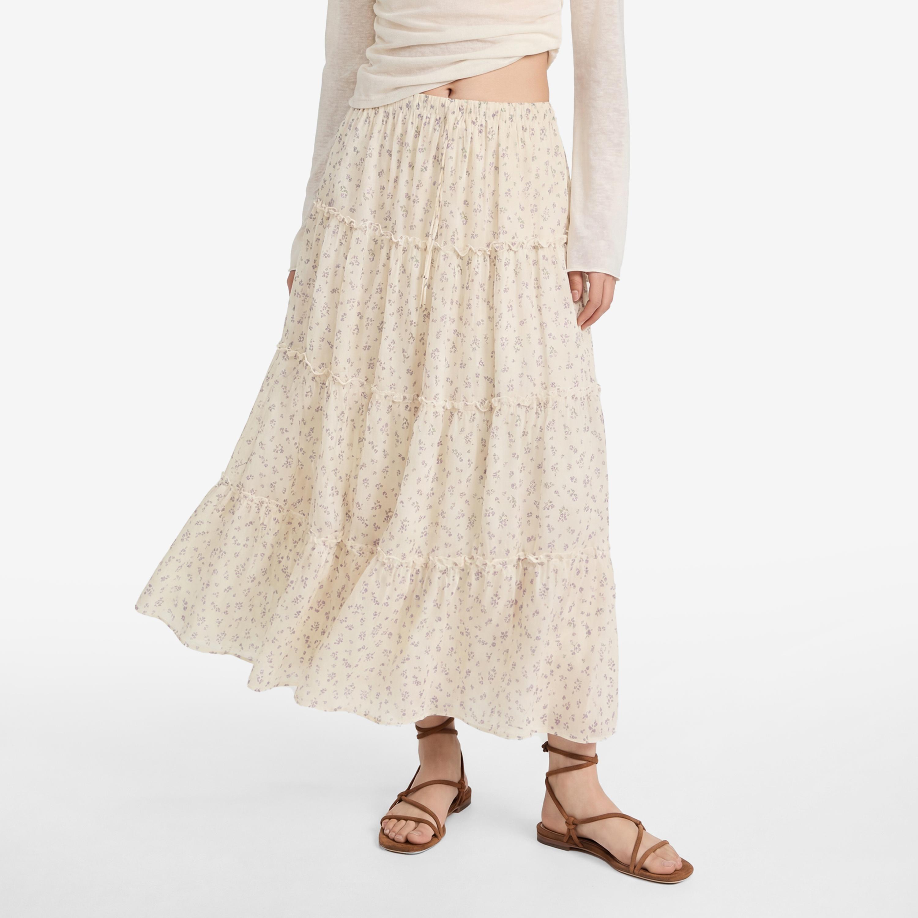 تنورة ماكسي نسائية بتصميم طبقات بطبعة زهور كريمية من كوتون-women-clothing-bottoms-skirts-image-1