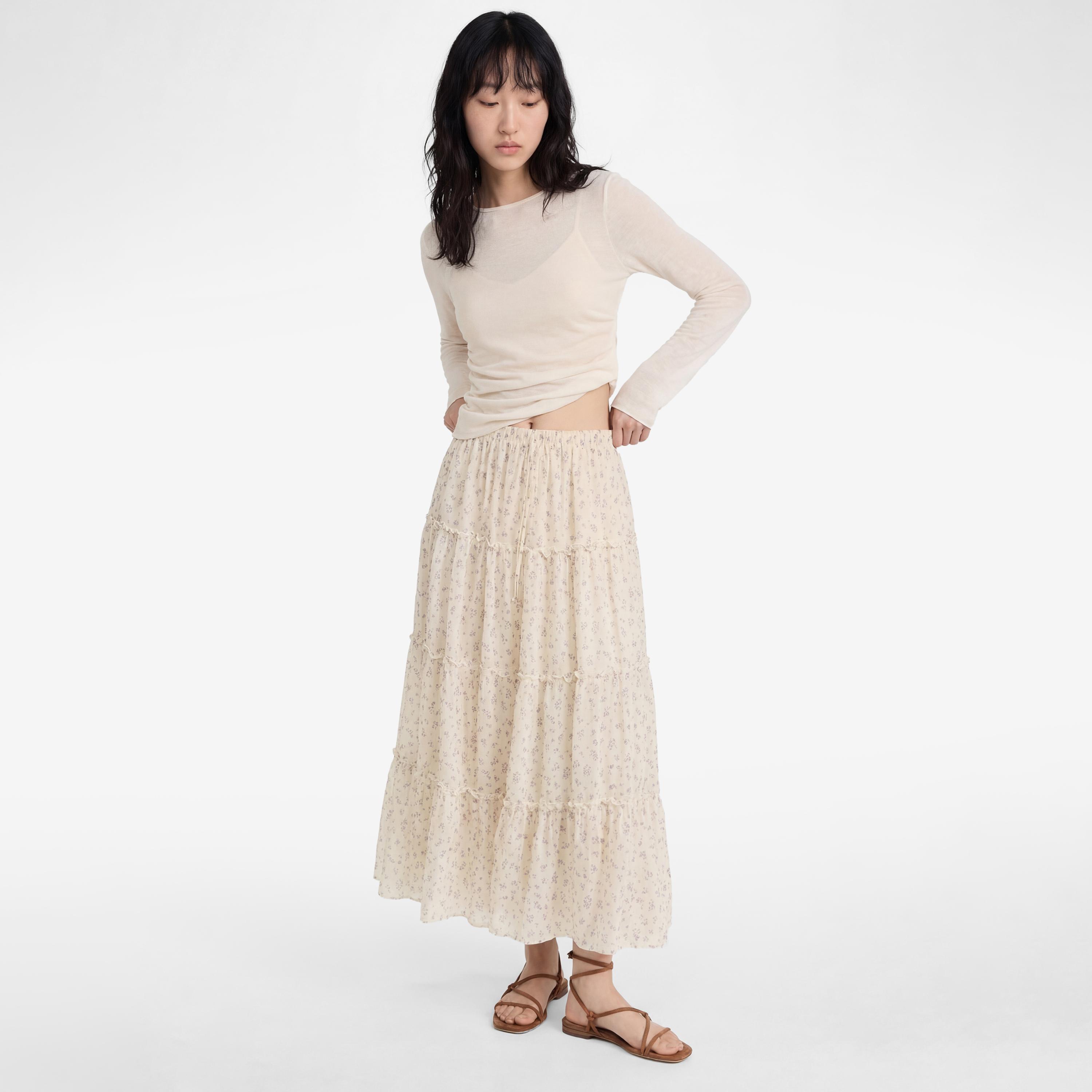تنورة ماكسي نسائية بتصميم طبقات بطبعة زهور كريمية من كوتون-women-clothing-bottoms-skirts-image-2