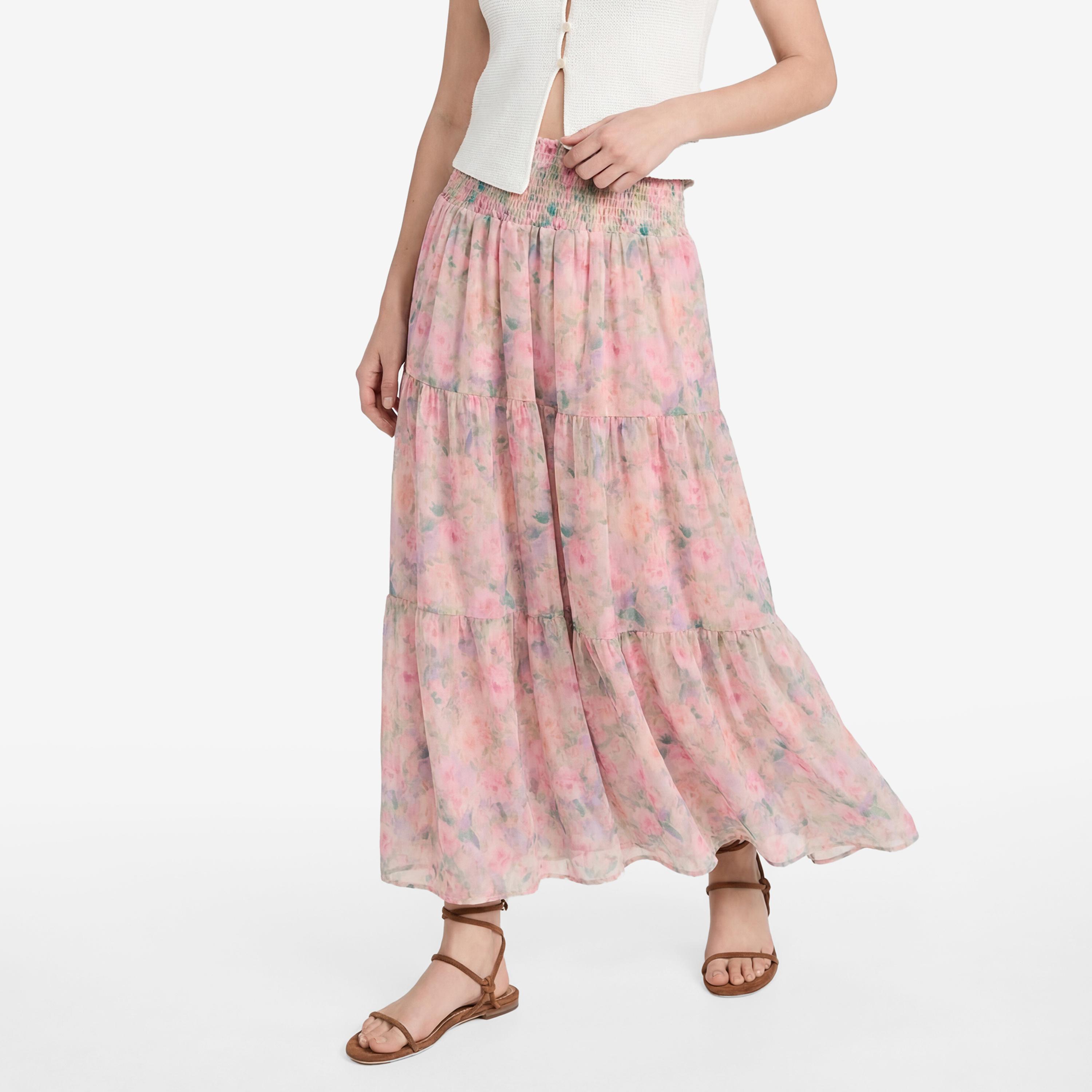 تنورة ماكسي نسائية بتصميم طبقات بطبعة زهور وردية من كوتون-women-clothing-bottoms-skirts-image-1