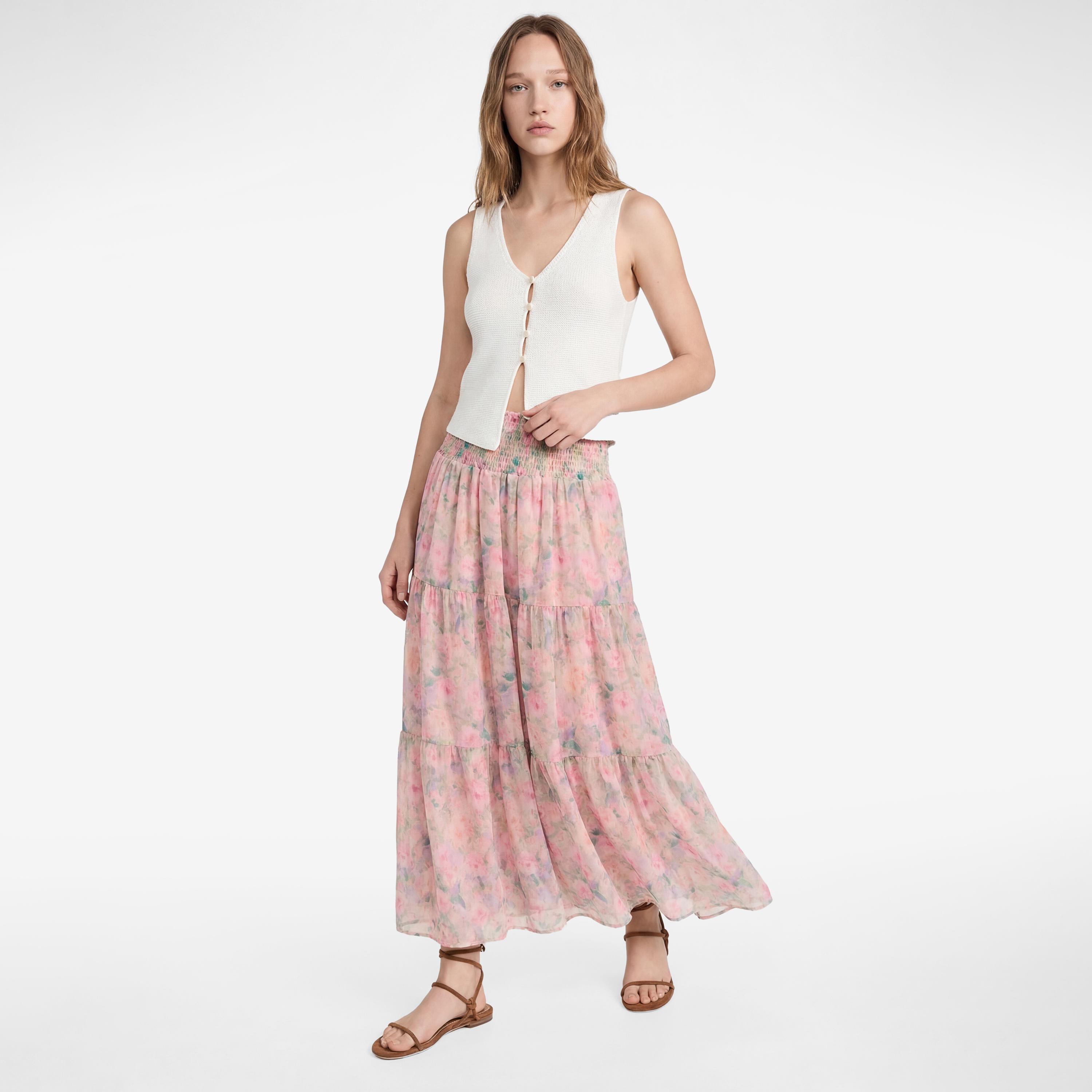 تنورة ماكسي نسائية بتصميم طبقات بطبعة زهور وردية من كوتون-women-clothing-bottoms-skirts-image-2