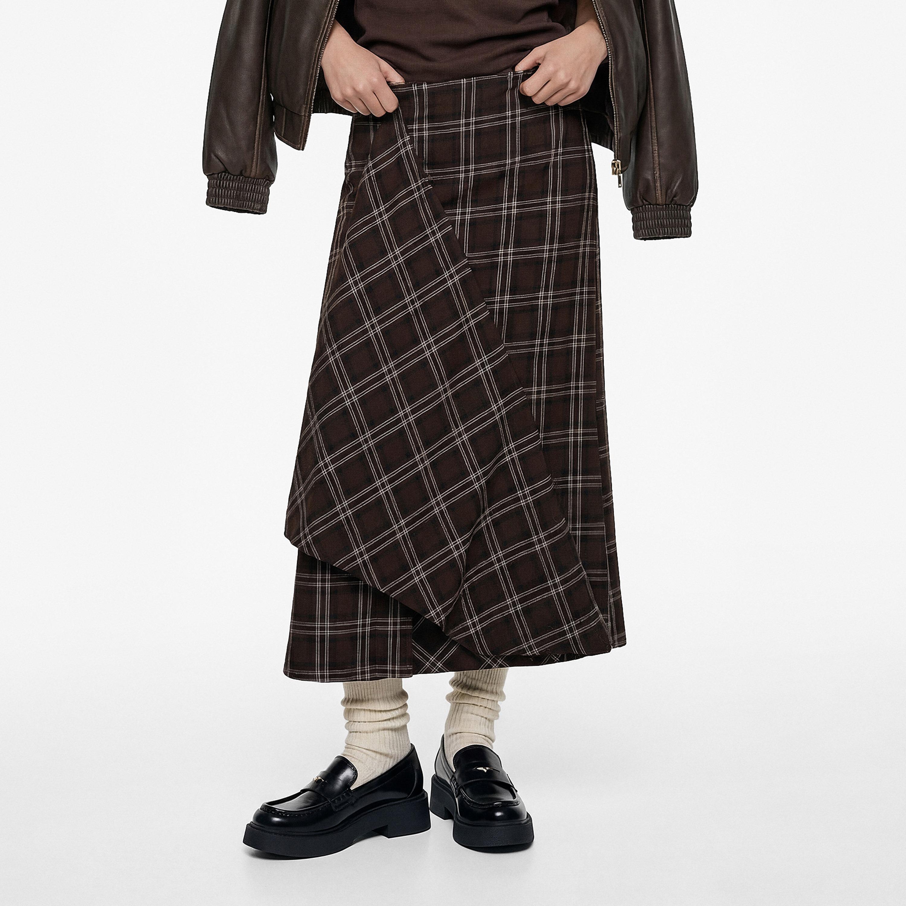 تنورة ميدي نسائية قصة "ايه-لاين" بمربعات بنية من كوتون-women-clothing-bottoms-skirts-image-1