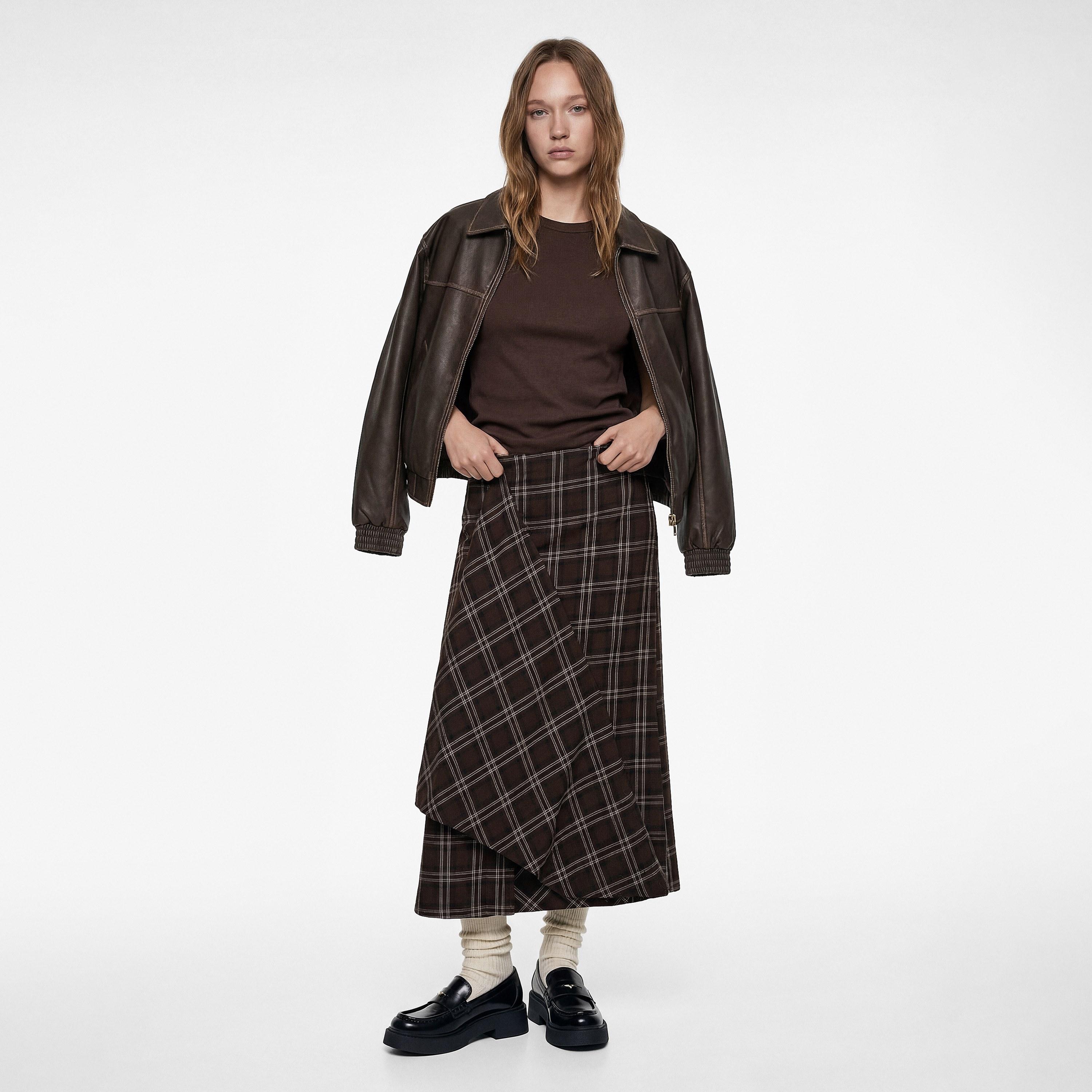 تنورة ميدي نسائية قصة "ايه-لاين" بمربعات بنية من كوتون-women-clothing-bottoms-skirts-image-2