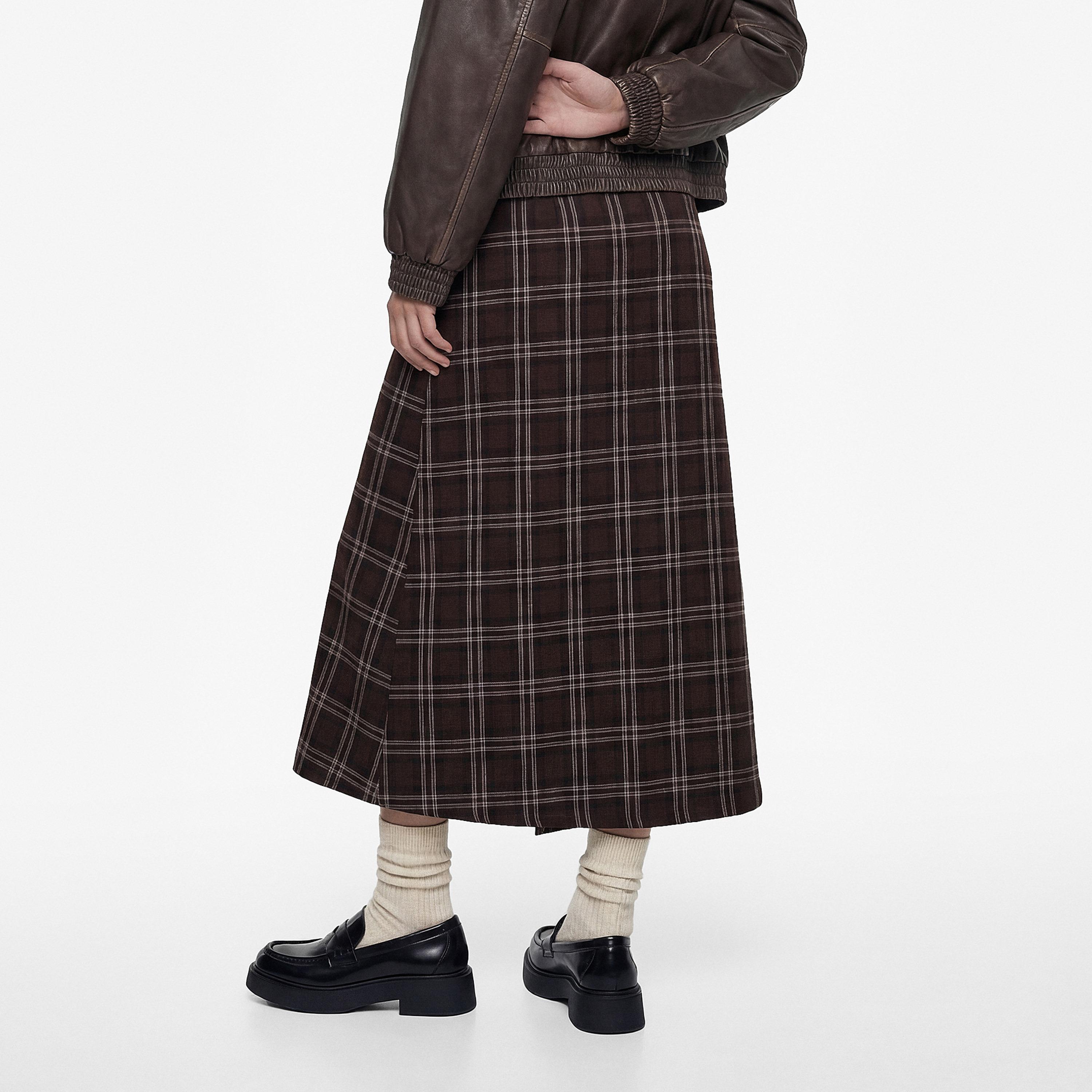 تنورة ميدي نسائية قصة "ايه-لاين" بمربعات بنية من كوتون-women-clothing-bottoms-skirts-image-3