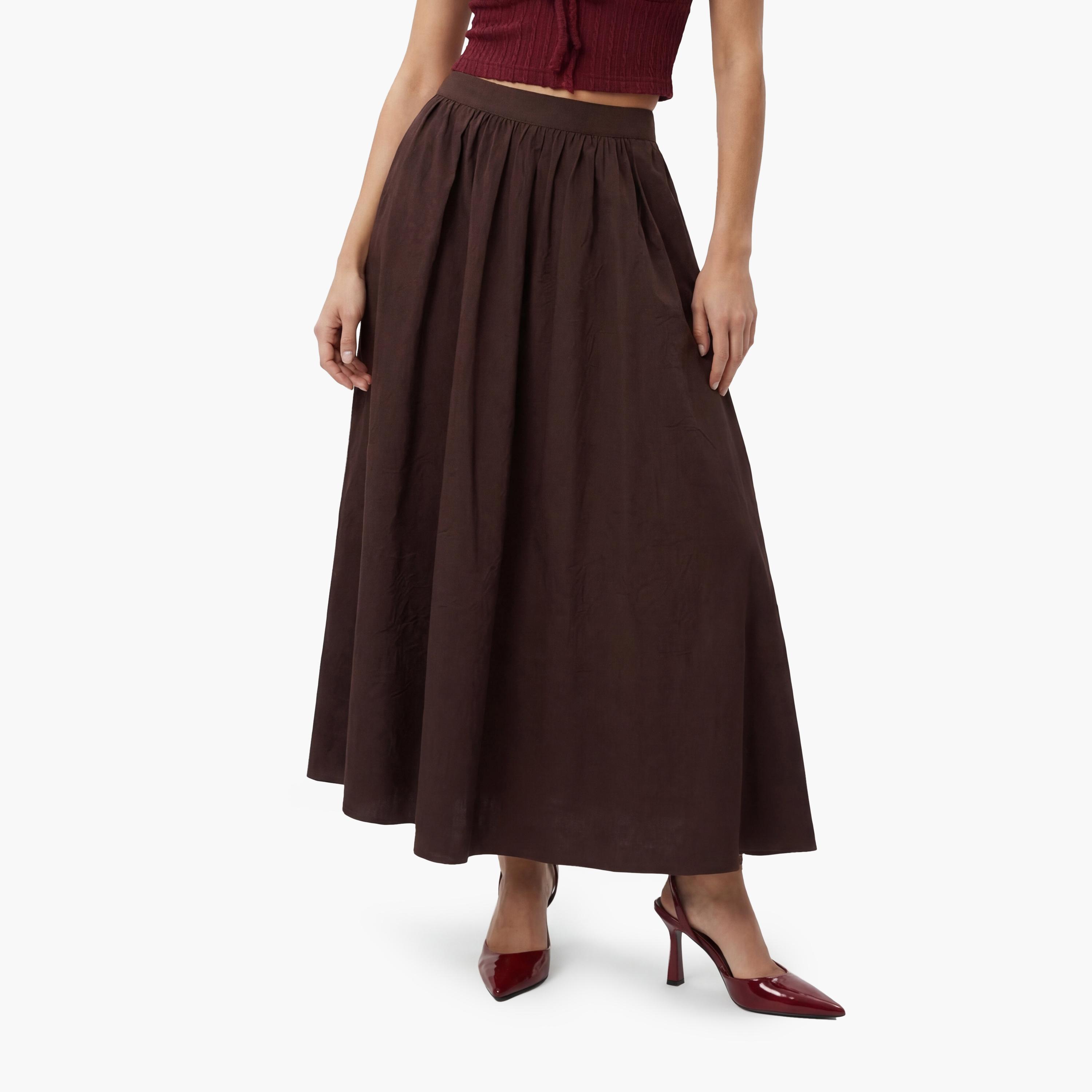 تنورة ماكسي نسائية بقصة كلوش بلون بني من كوتون-women-clothing-bottoms-skirts-image-1