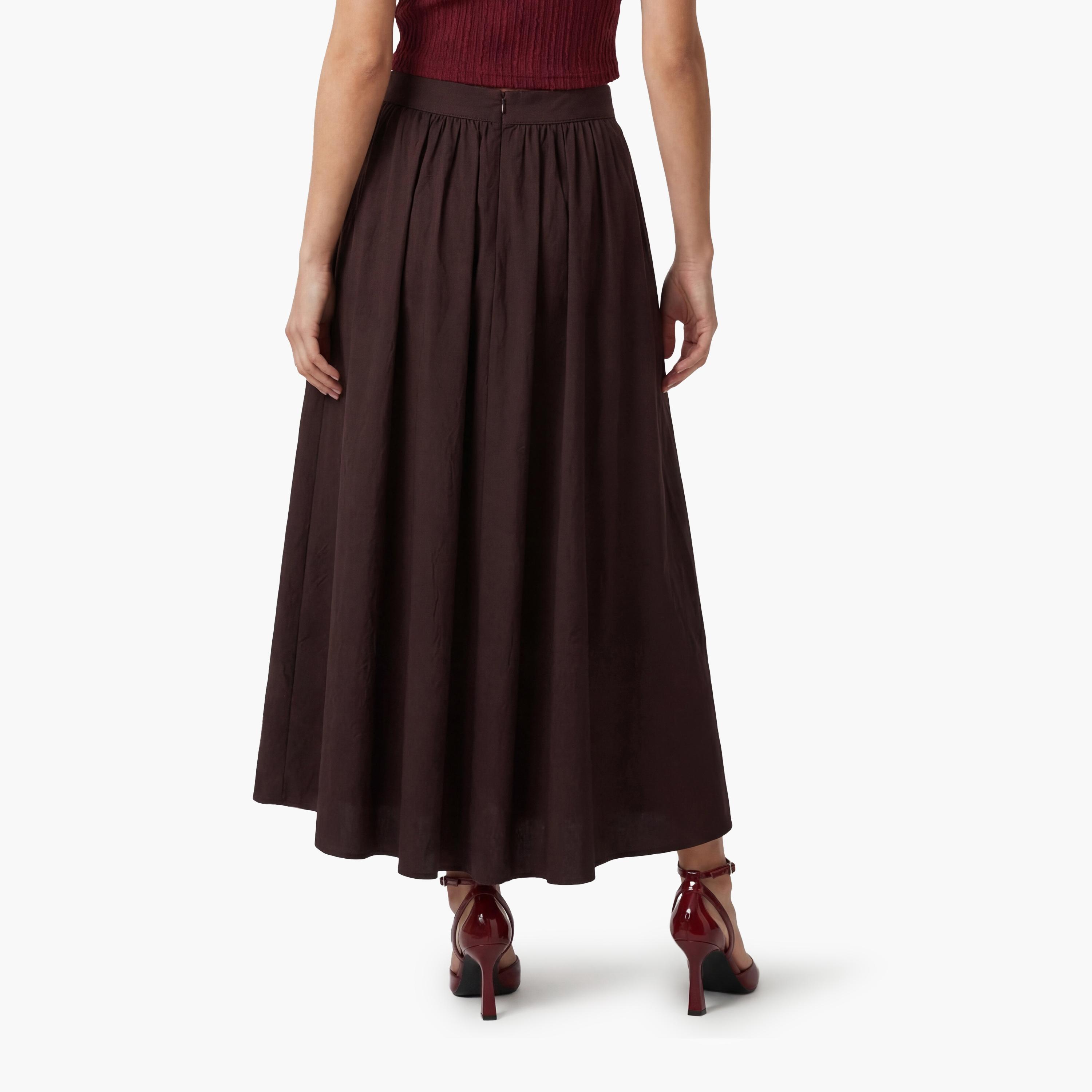 تنورة ماكسي نسائية بقصة كلوش بلون بني من كوتون-women-clothing-bottoms-skirts-image-4