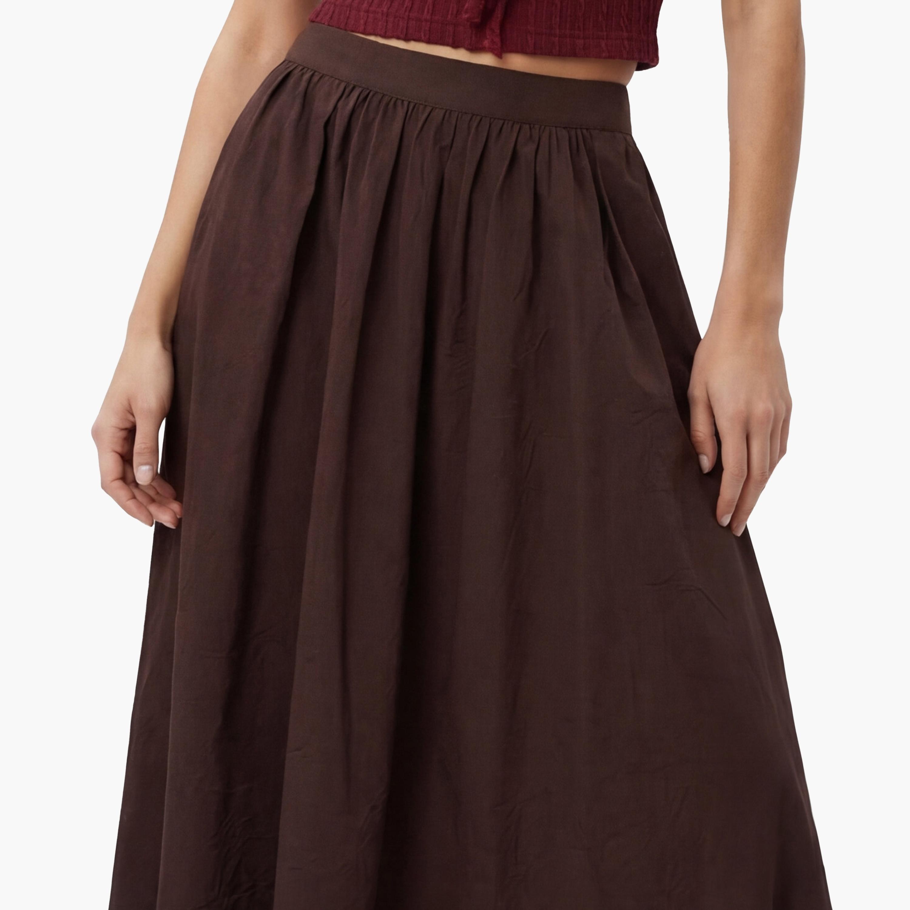 تنورة ماكسي نسائية بقصة كلوش بلون بني من كوتون-women-clothing-bottoms-skirts-image-5