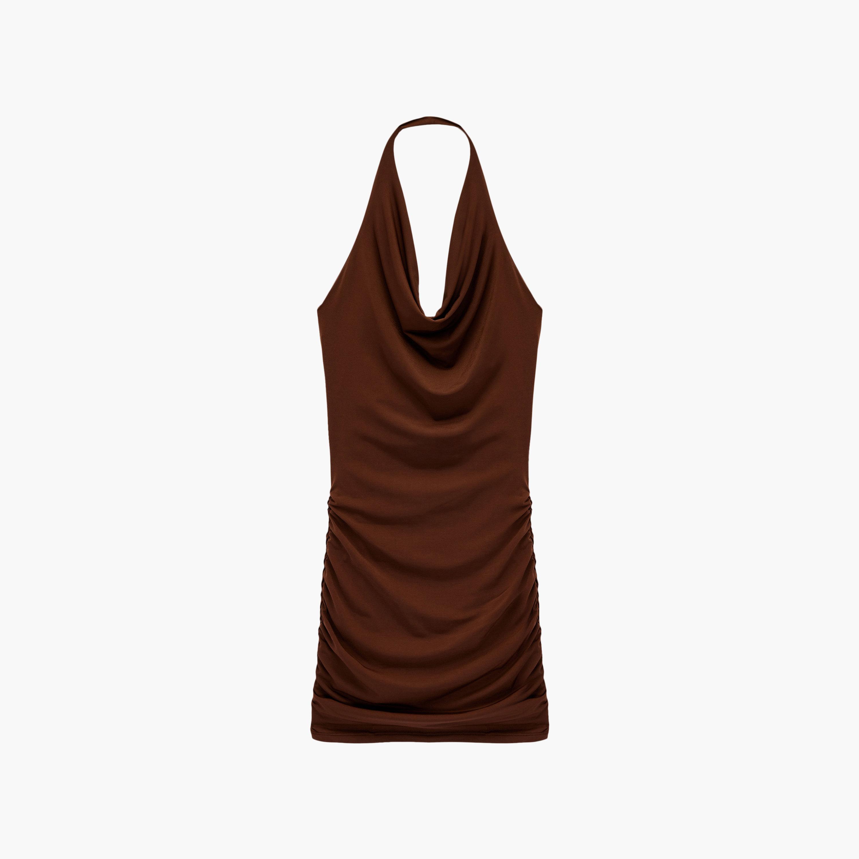 فستان ميدي نسائي "بودي كون" بياقة "كاول نيك" وتصميم "روشد" بزمزمة بلون بني من كوتون-women-clothing-dresses-image-6
