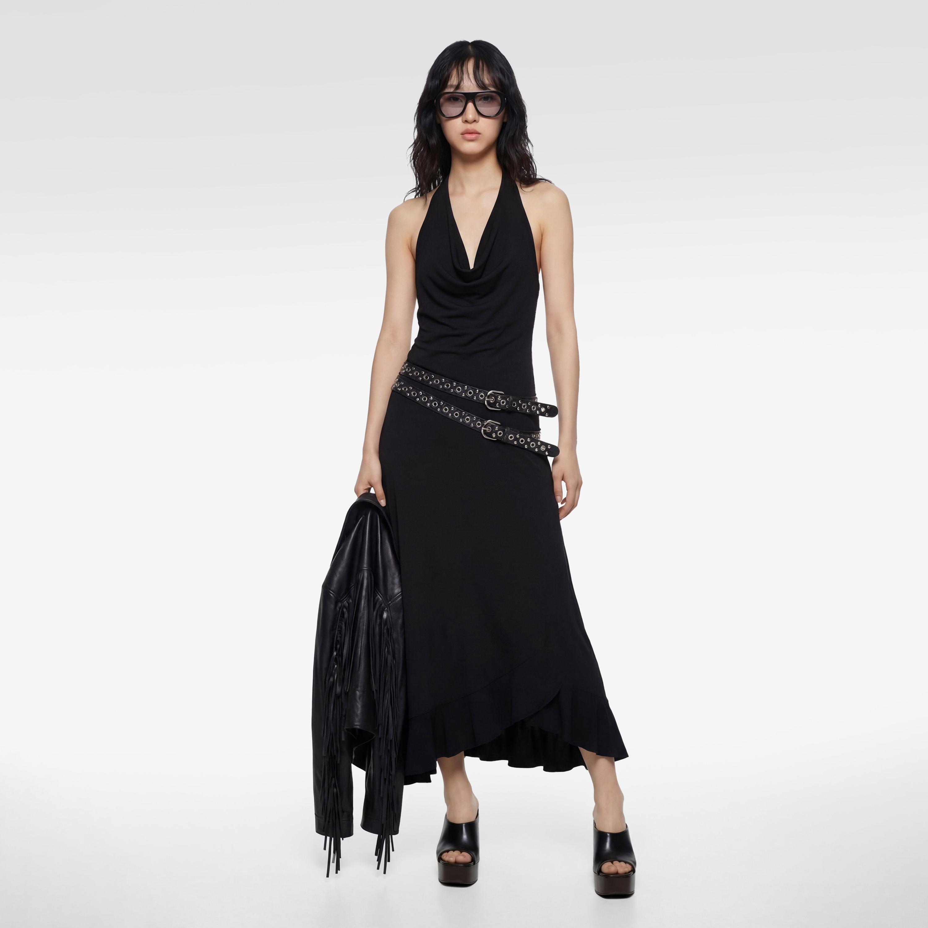فستان ميني نسائي "أسيمتريك" بياقة "هالتر" بلون أسود من كوتون-women-clothing-dresses-image-1