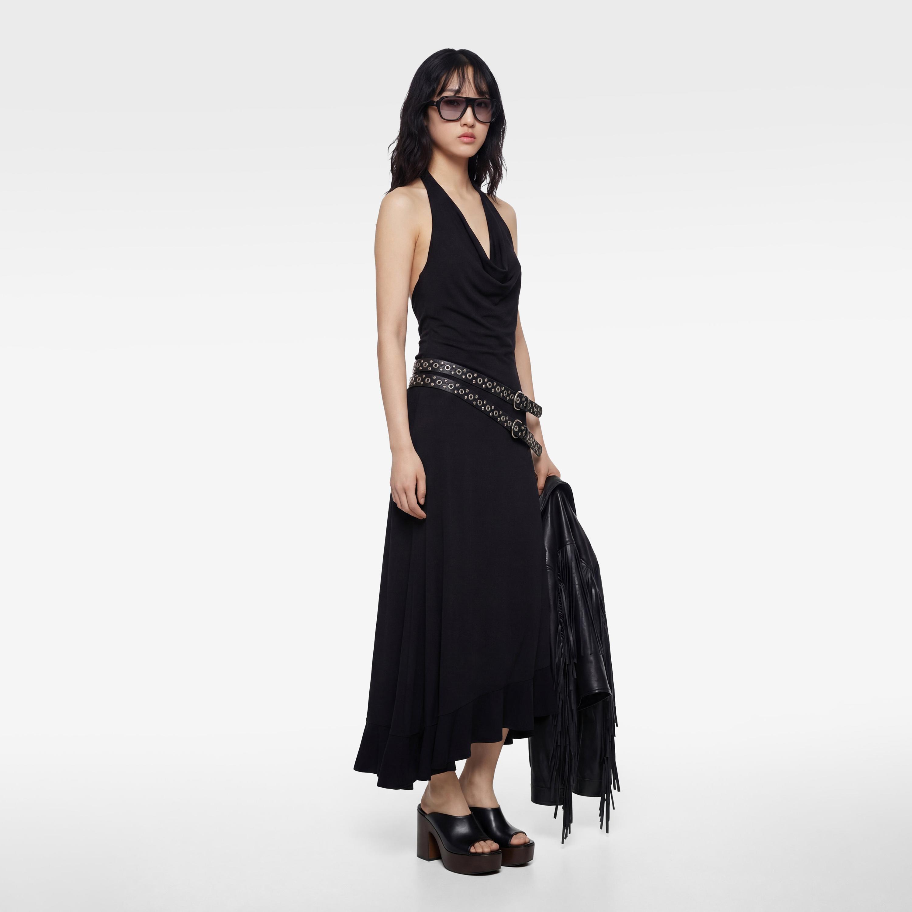 فستان ميني نسائي "أسيمتريك" بياقة "هالتر" بلون أسود من كوتون-women-clothing-dresses-image-2