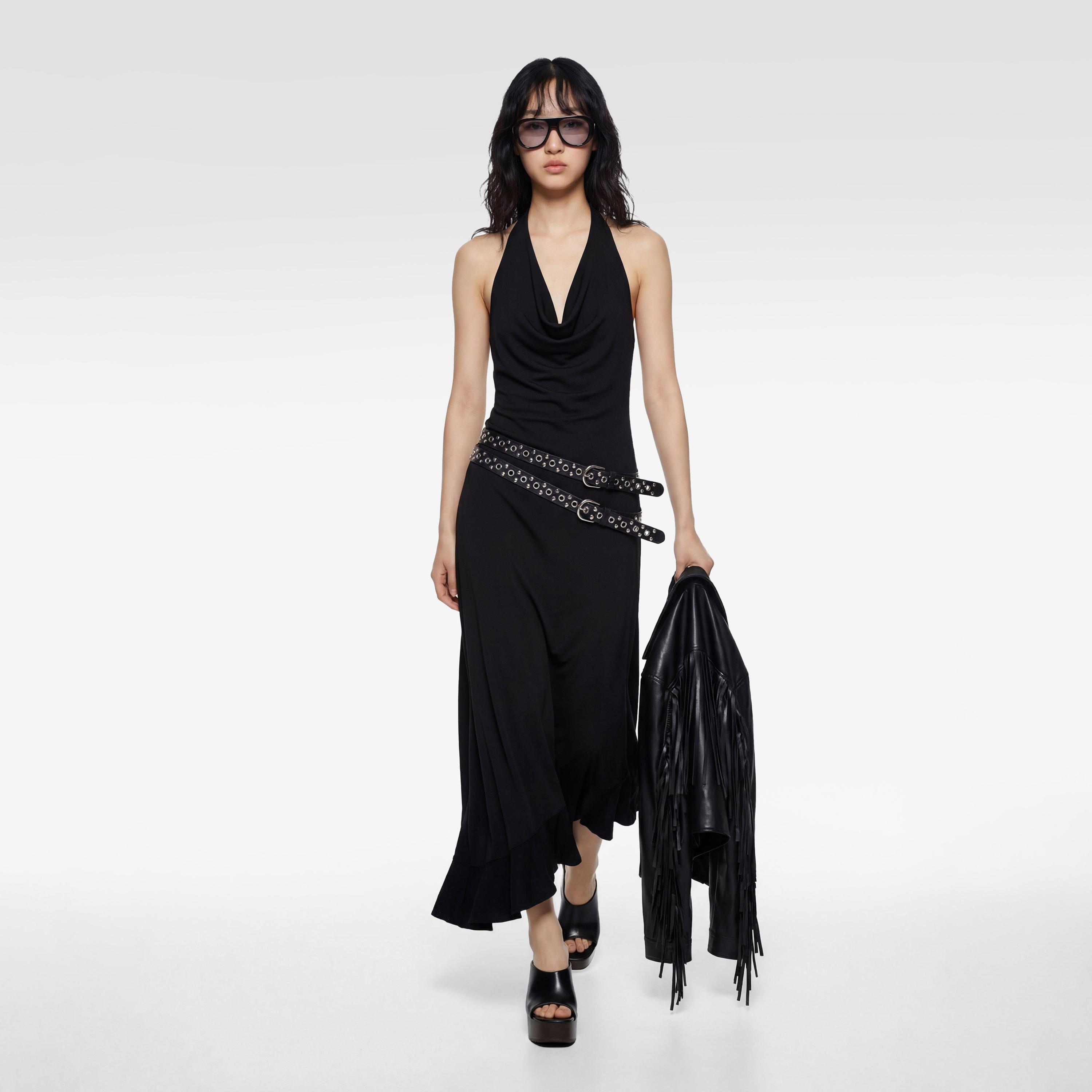 فستان ميني نسائي "أسيمتريك" بياقة "هالتر" بلون أسود من كوتون-women-clothing-dresses-image-3
