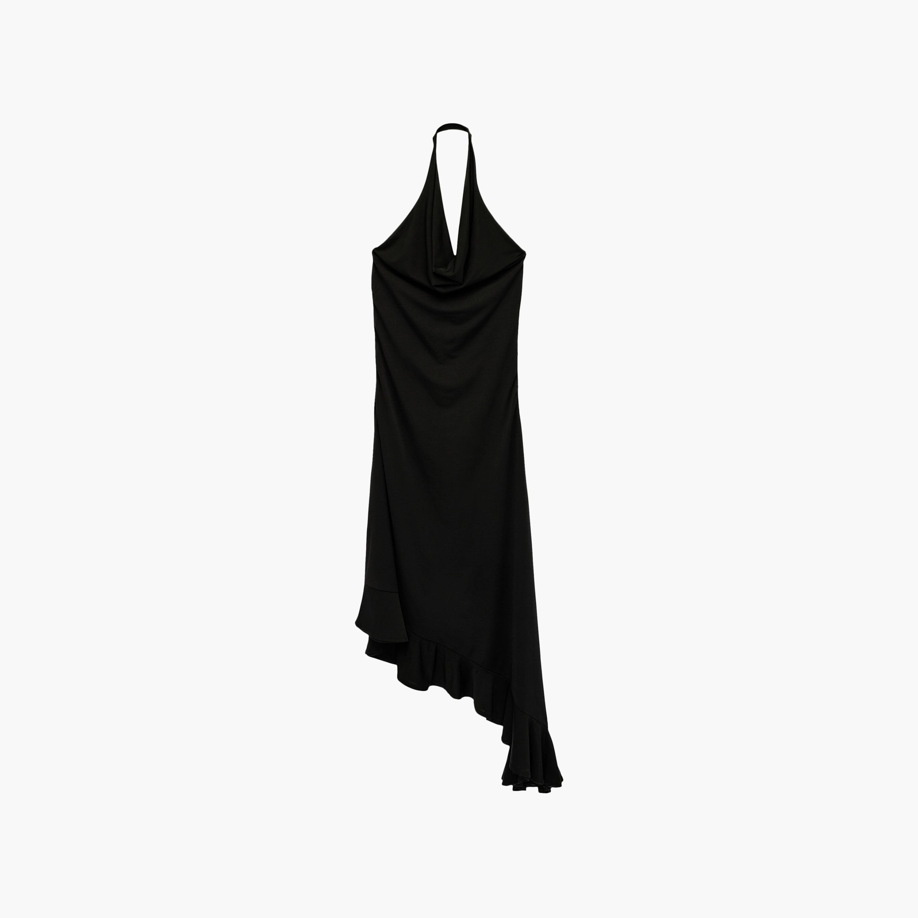فستان ميني نسائي "أسيمتريك" بياقة "هالتر" بلون أسود من كوتون-women-clothing-dresses-image-4