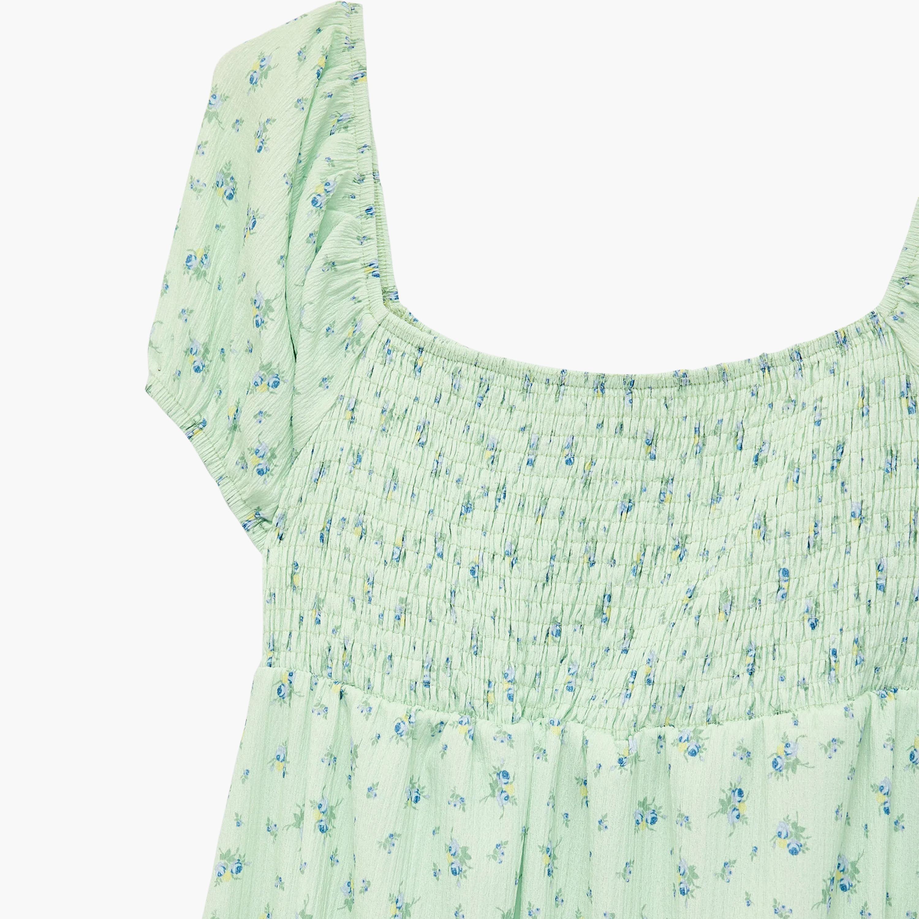 فستان ماكسي حريمي بنقشة زهور وفتحة رقبة مربعة وأكمام منتفخة من كوتون-women-clothing-dresses-image-5