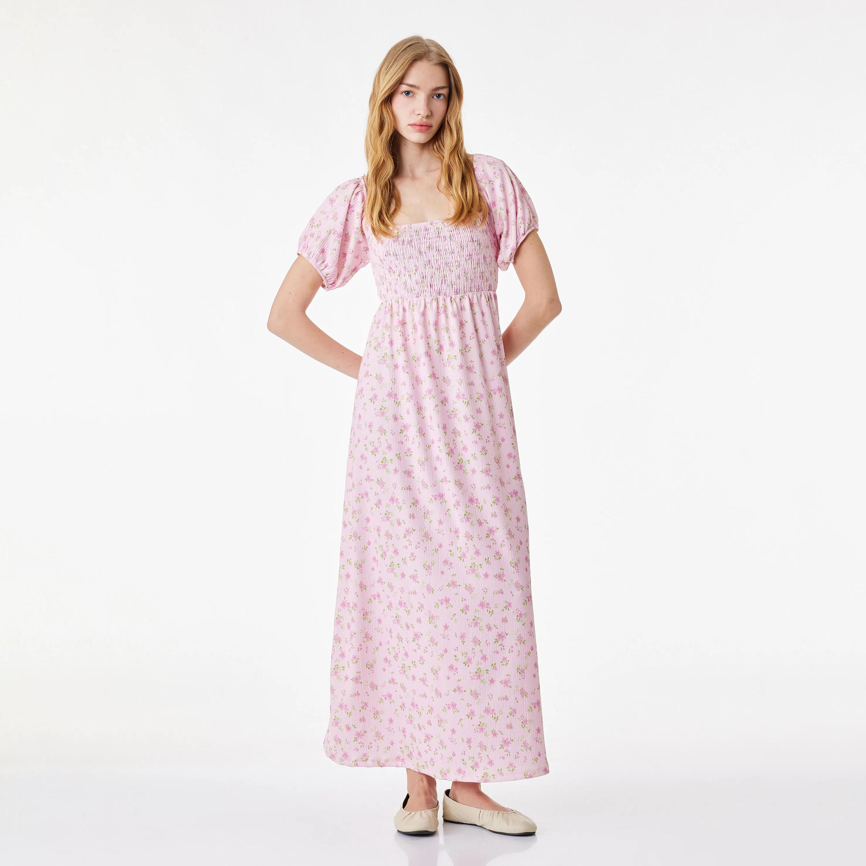 فستان ماكسي حريمي بنقشة زهور وفتحة رقبة مربعة وأكمام منتفخة من كوتون-women-clothing-dresses-image-6