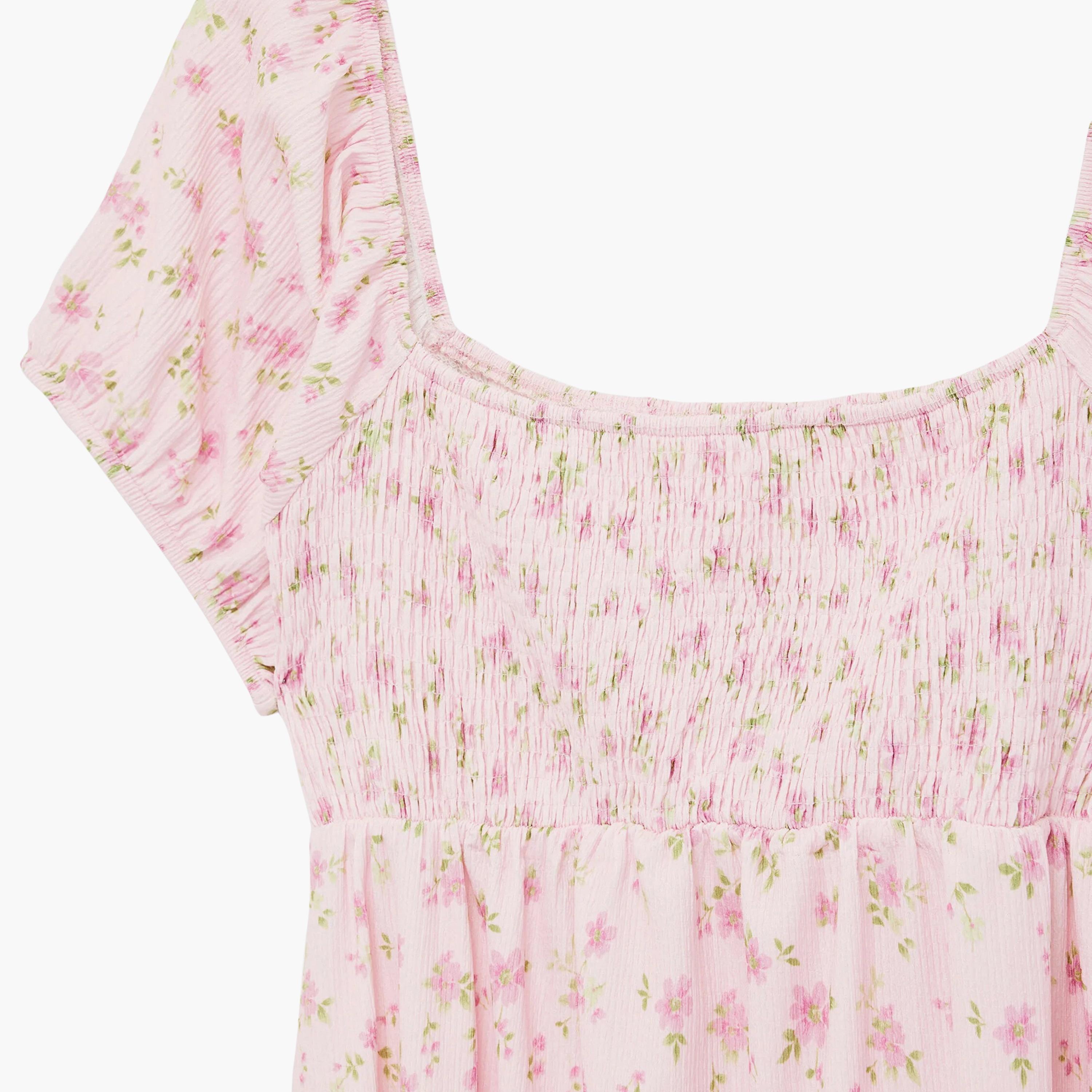 فستان ماكسي حريمي بنقشة زهور وفتحة رقبة مربعة وأكمام منتفخة من كوتون-women-clothing-dresses-image-10